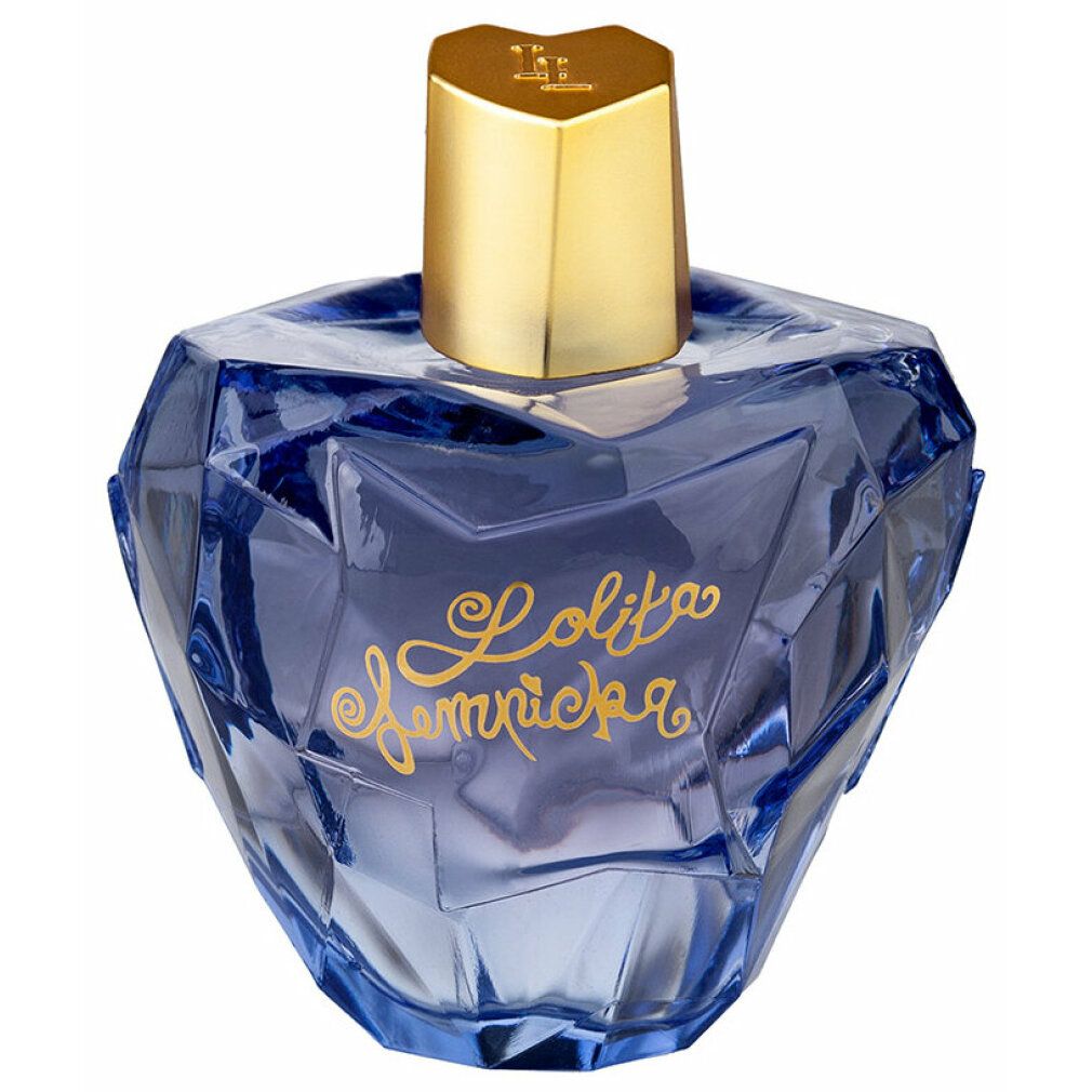 Blauer Flakon mit goldfarbenem Deckel. Aufschrift "Lolita Lempicka" in Gold. Facettiertes Design.