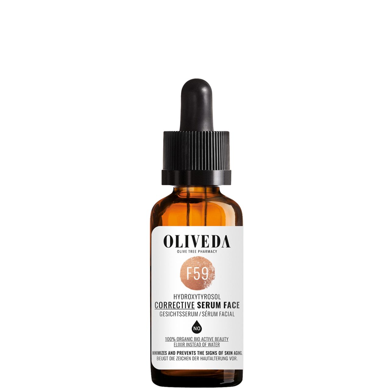 Braune Glasflasche mit Pipette. Etikett mit Produktnamen und F59. Gesichtsserum Hydroxytyrosol Corrective.