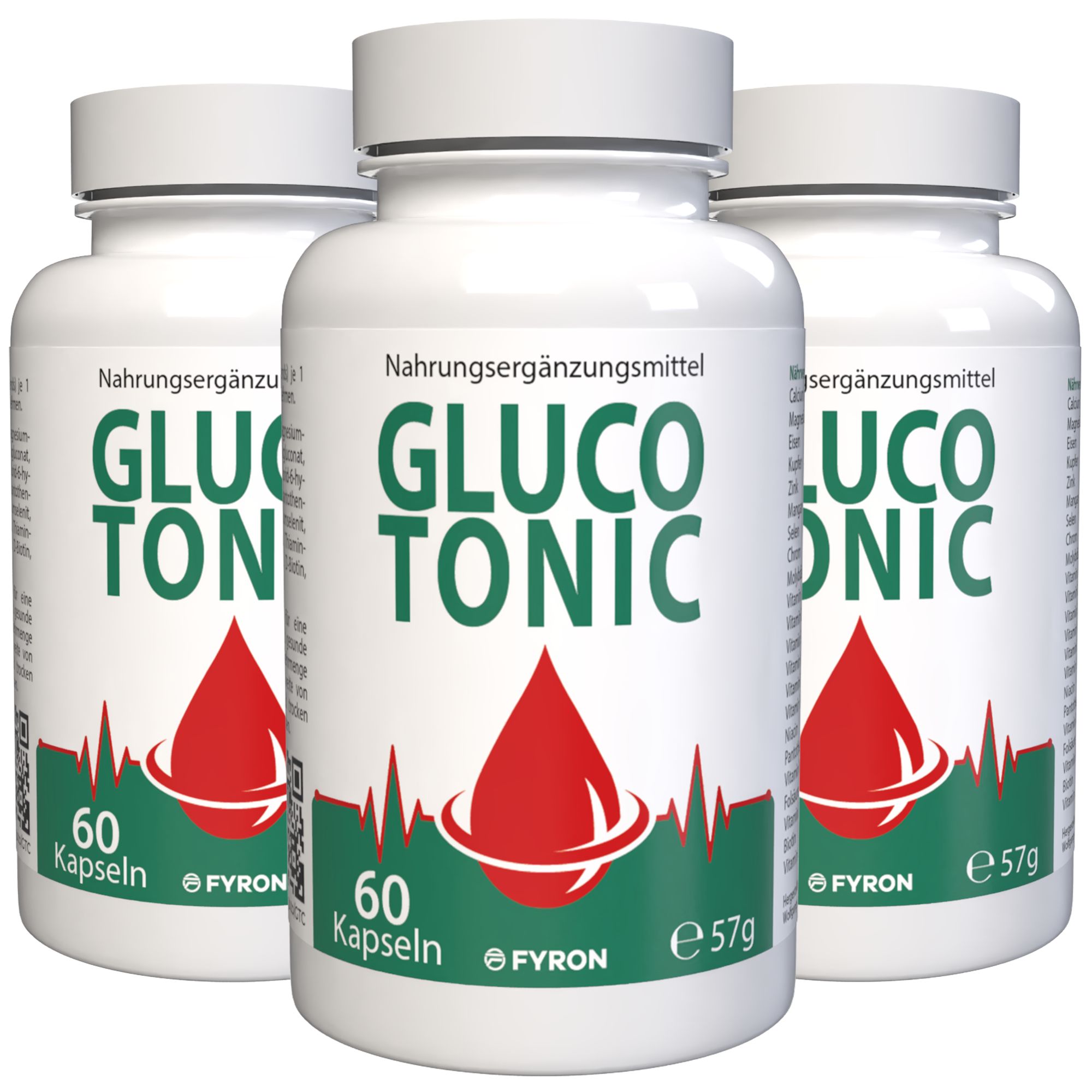 Drei weiße Flaschen mit "GLUCO TONIC" und rotem Tropfen-Symbol. 60 Kapseln, 57g.