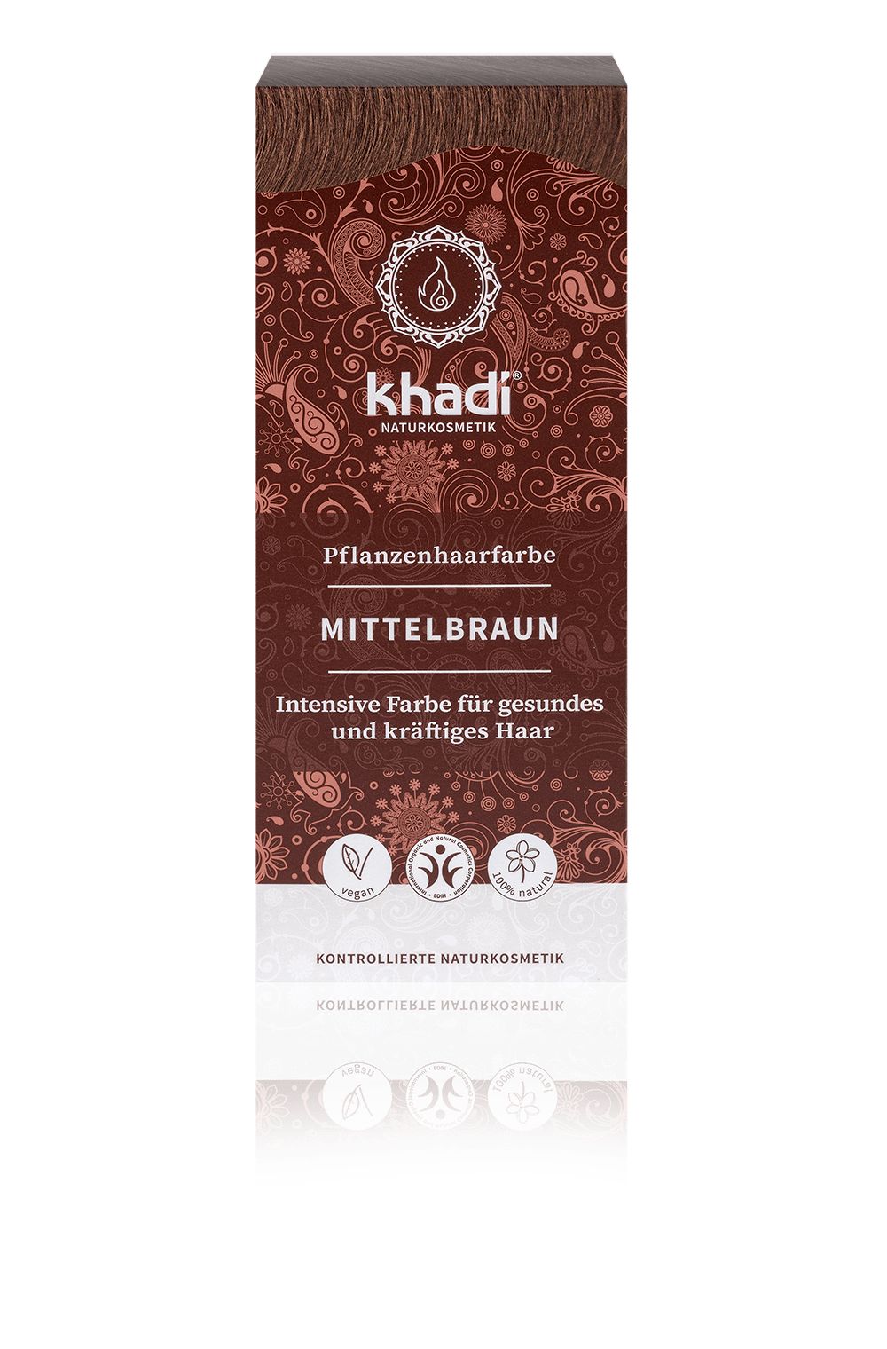Verpackung mit Produktinformationen. Text: Khadi Pflanzenhaarfarbe Mittelbraun, vegan, Naturkosmetik.