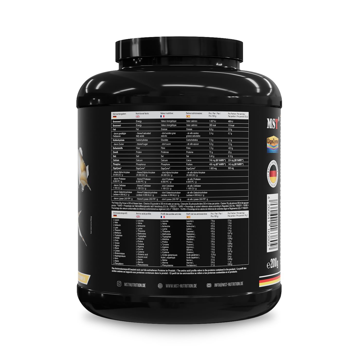 Rückseite eines schwarzen MST Best Whey Protein Behälters mit Nährwertangaben, Inhaltsstoffen und Siegeln.