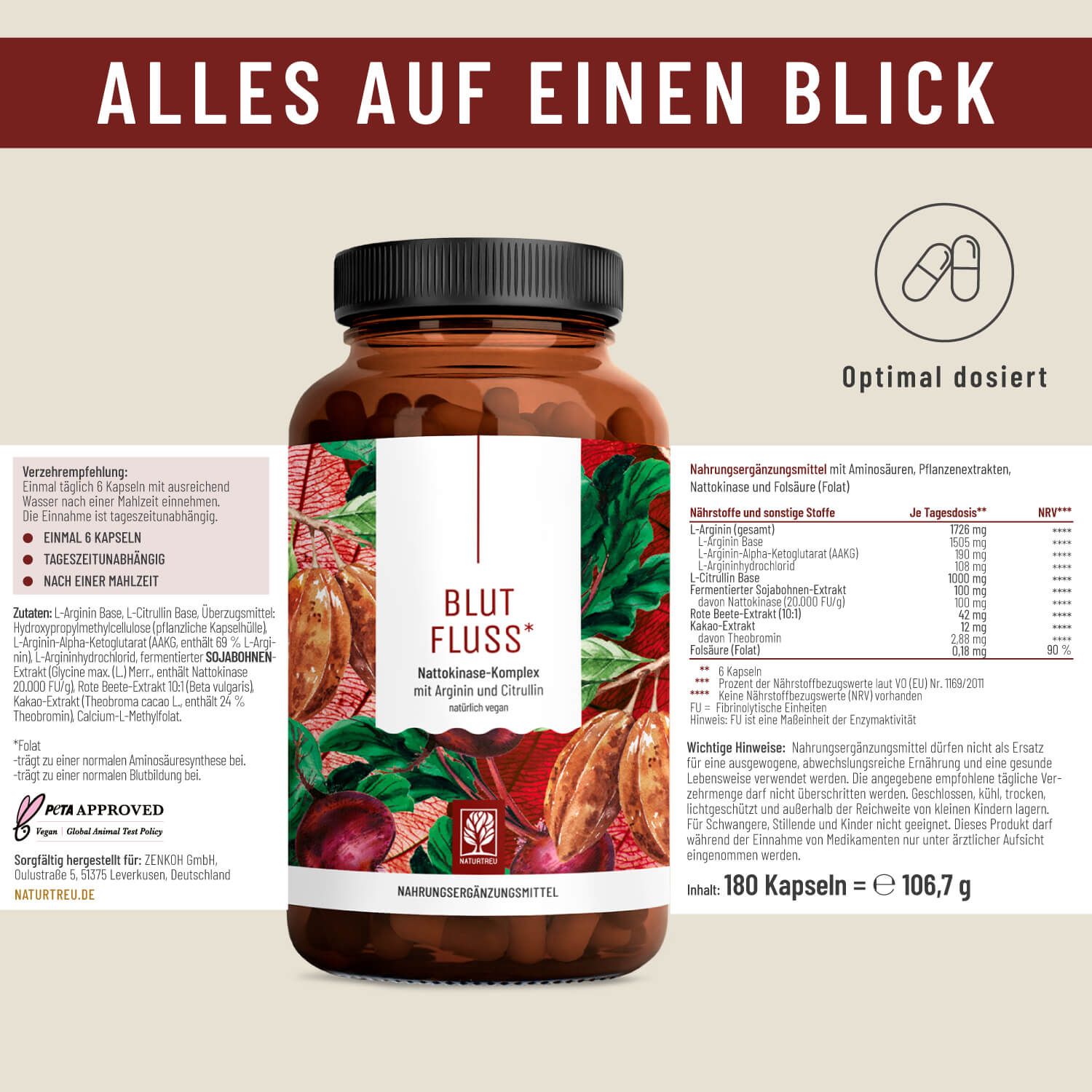 Braune Flasche mit Produktaufdruck und Texten. Text: BLUTFLUSS*. Zusätzliche Texte: Nattokinase-Komplex, Inhaltsstoffe, Verzehrempfehlung, Nährwerttabelle.