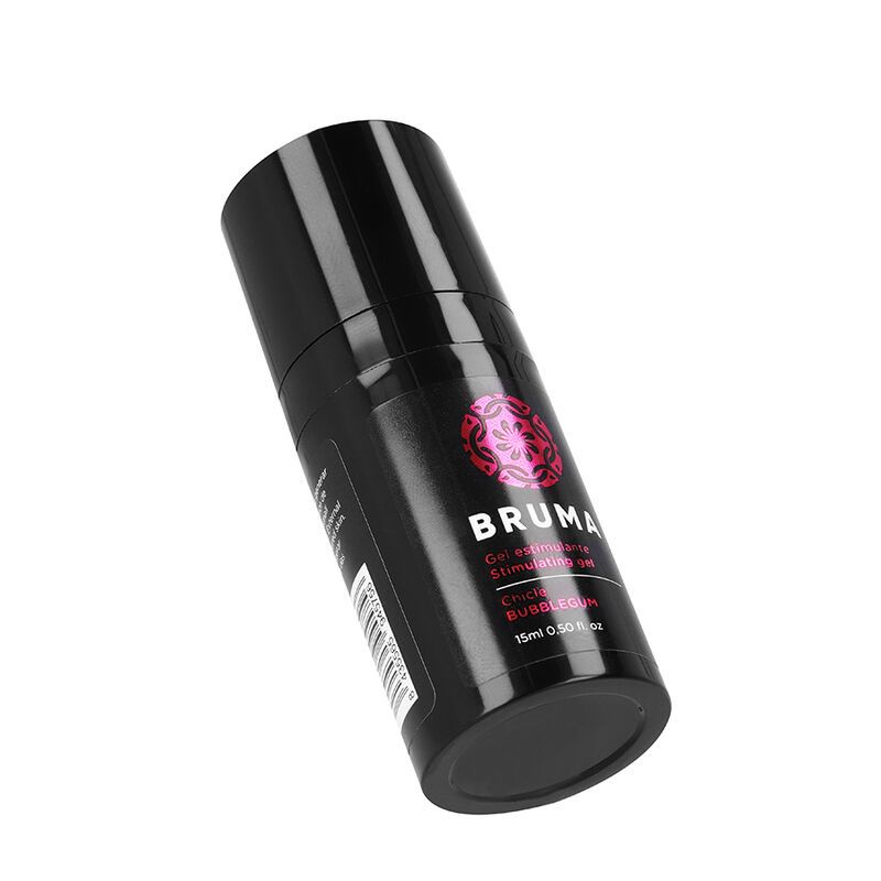 Schwarzer Spender mit Bruma-Logo, enth
lt stimulierendes Gel in Bubble Gum Geschmack, 15ml.