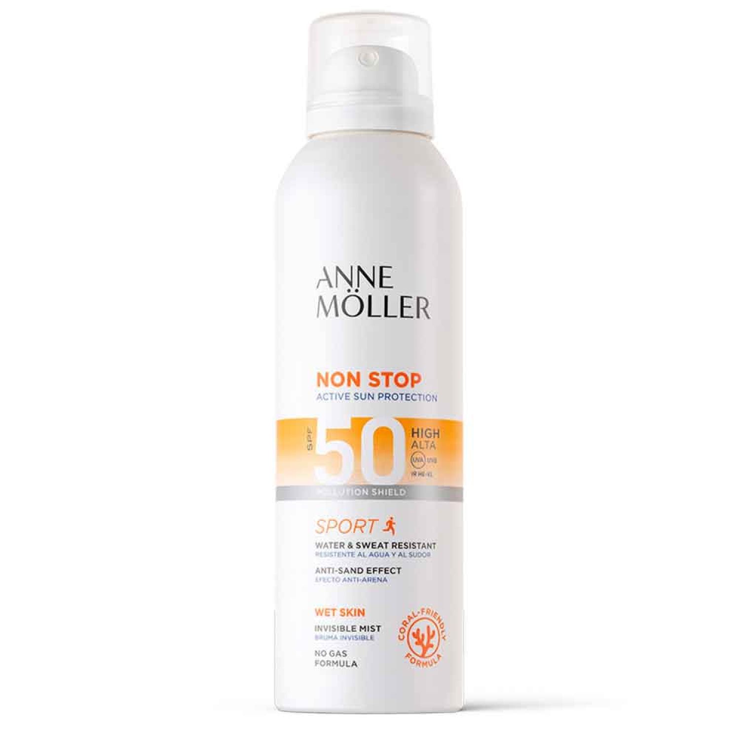 Weiße Sprühflasche von Anne Möller. Aufschrift: Non Stop, SPF 50, Sport. Wasser- und schweißbeständig. Anti-Sand-Effekt. Für nasse Haut.