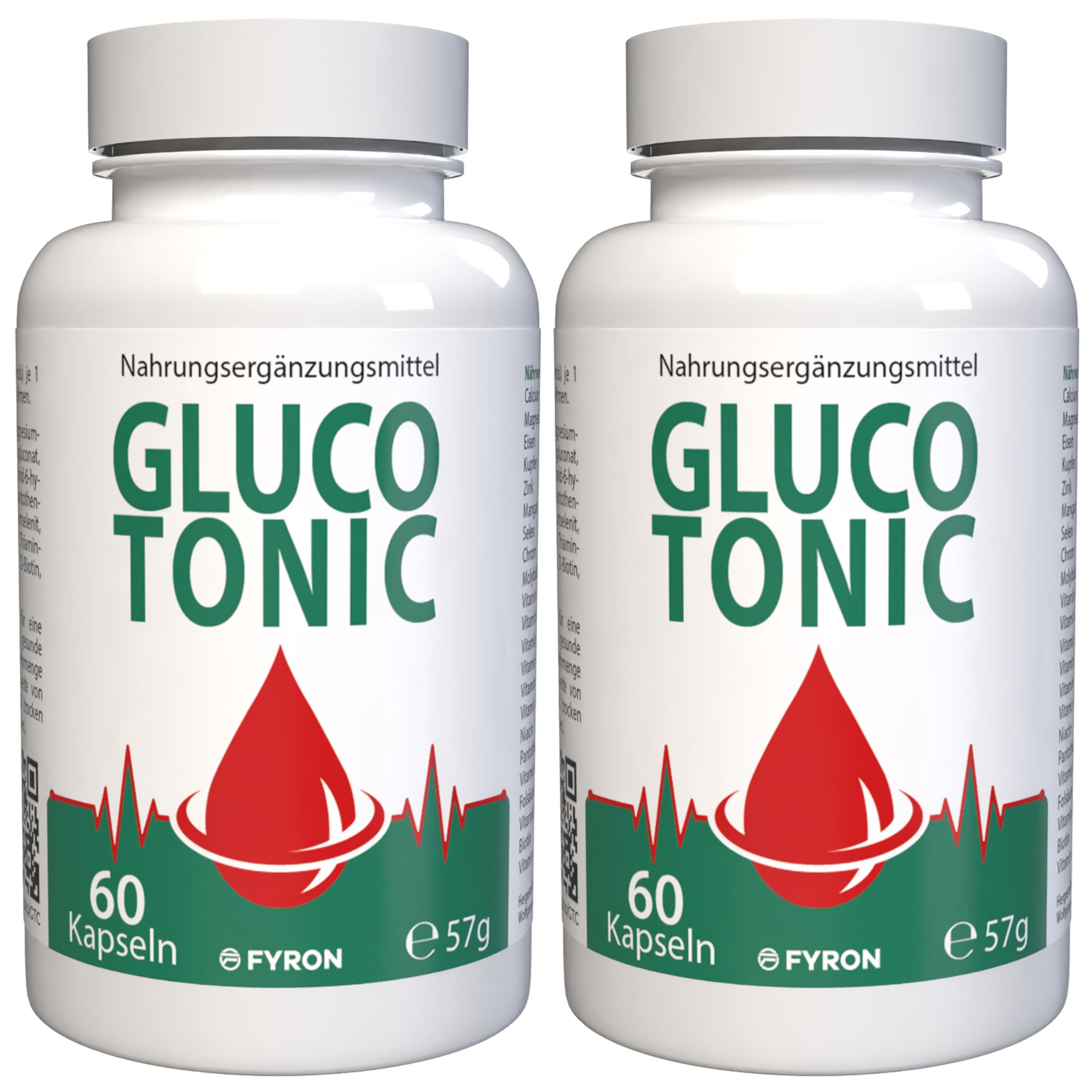 Zwei Flaschen Glucotonic Nahrungsergänzungsmittel, je 60 Kapseln, 57g.