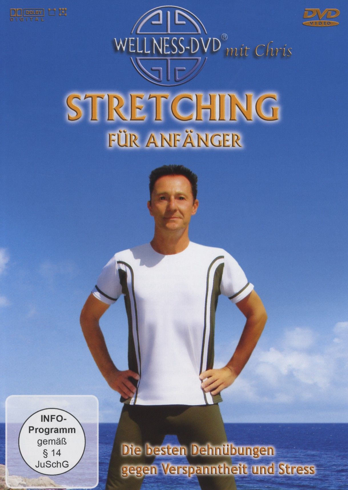 DVD "Stretching für Anfänger" mit Mann. Titel und Logo. Mann in Sportkleidung vor blauem Himmel.