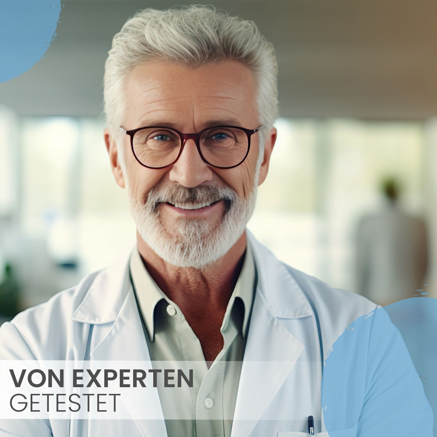 Porträt eines lächelnden Mannes mit Brille und weißem Kittel. Text: Von Experten getestet.
