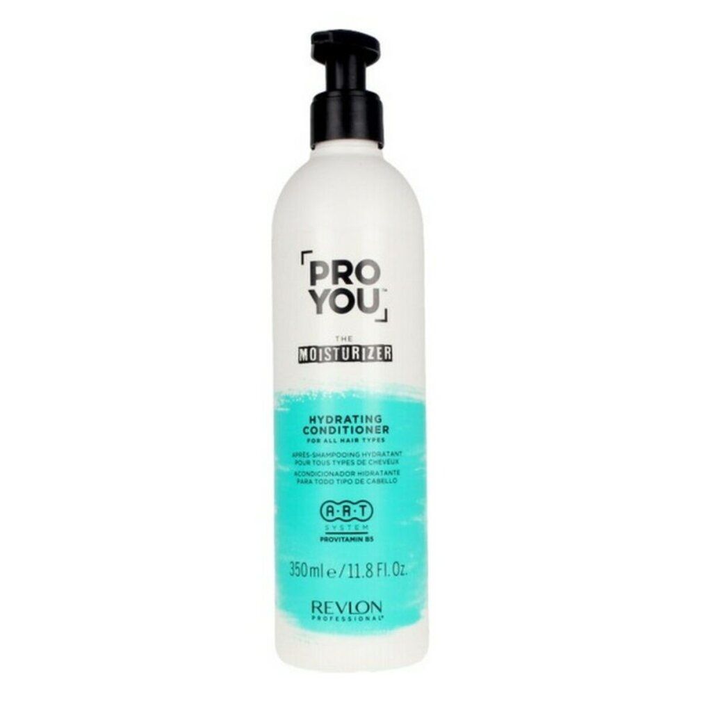 Flasche mit Conditioner. Weiß, schwarzer Pumpkopf. Text: PRO YOU, THE MOISTURIZER, HYDRATING CONDITIONER. 350ml/11.8 Fl Oz. Marke: Revlon.