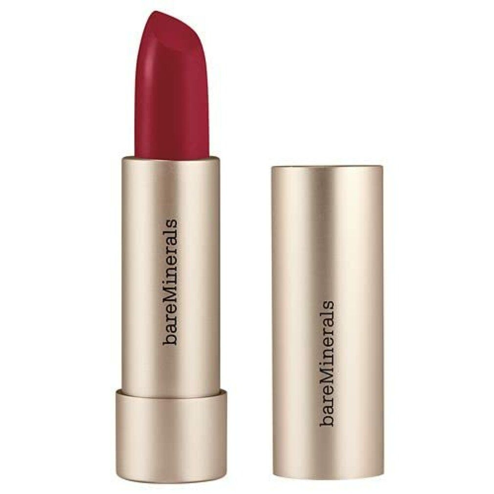 BareMinerals Lippenstift, rot. Goldfarbene Hülse mit abgenommenem Deckel. Aufschrift: "bareMinerals".