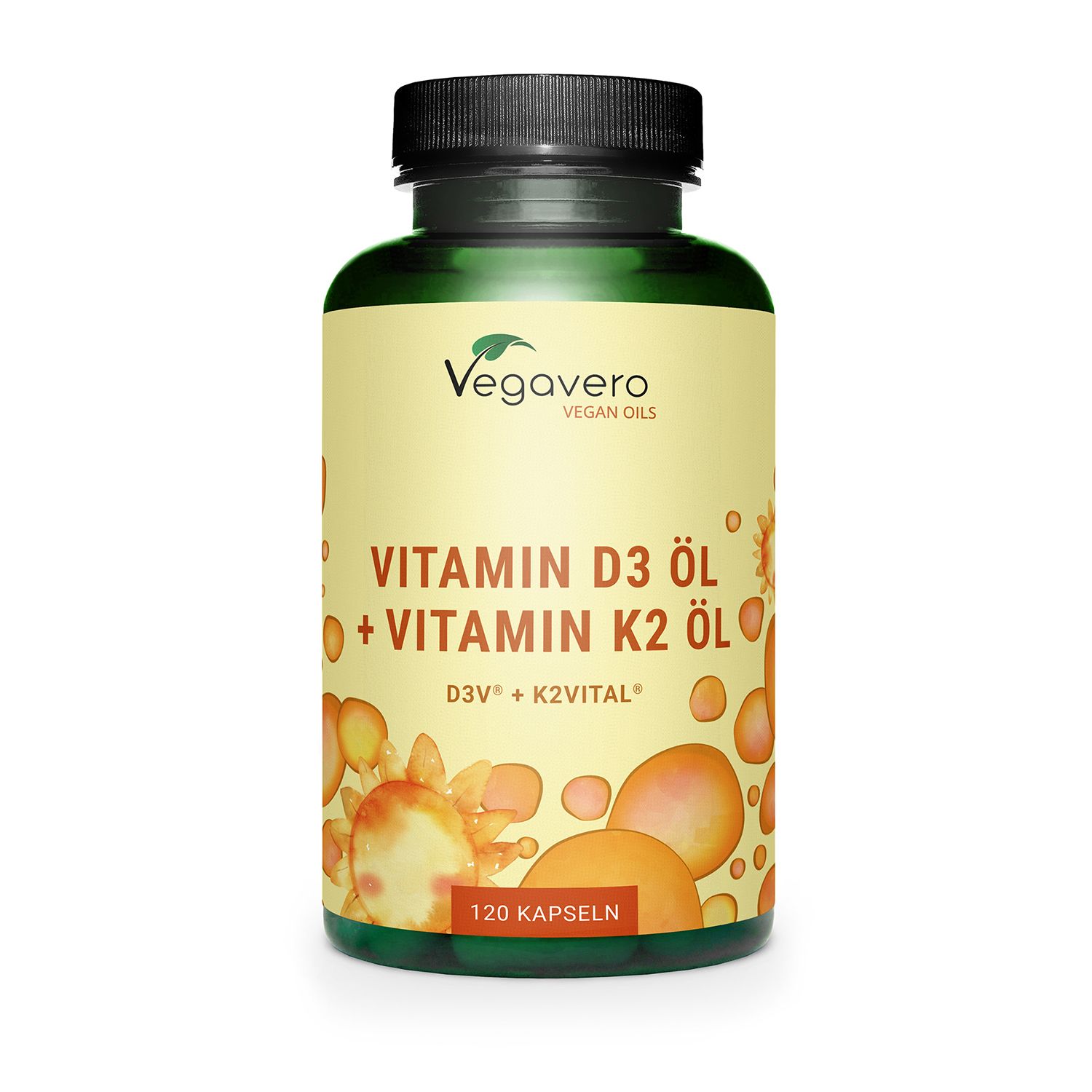 Grüne Flasche mit schwarzem Deckel. Aufkleber mit Text: Vitamin D3 Öl + Vitamin K2 Öl. 120 Kapseln.