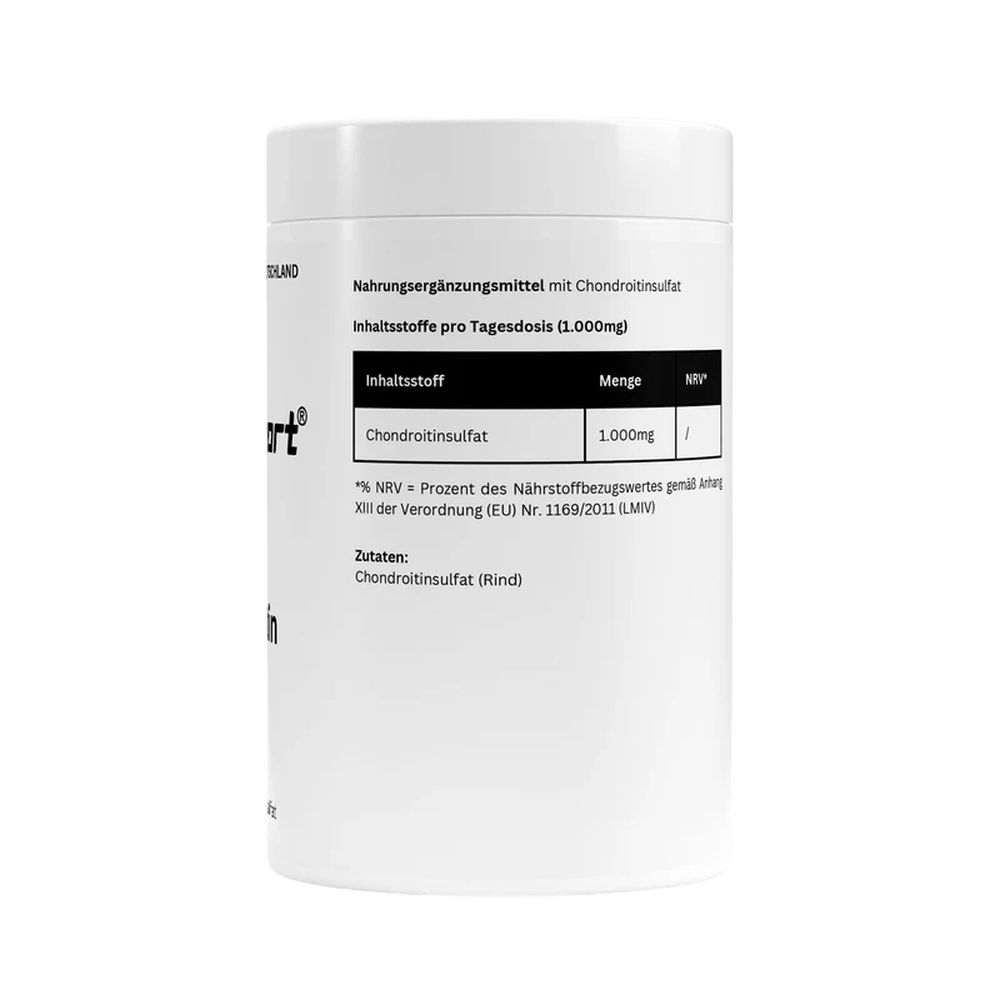 Weißes zylindrisches Behältnis mit schwarzer Schrift. Aufschrift: Nahrungsergänzungsmittel mit Chondroitinsulfat. Zutaten: Chondroitinsulfat (Rind).