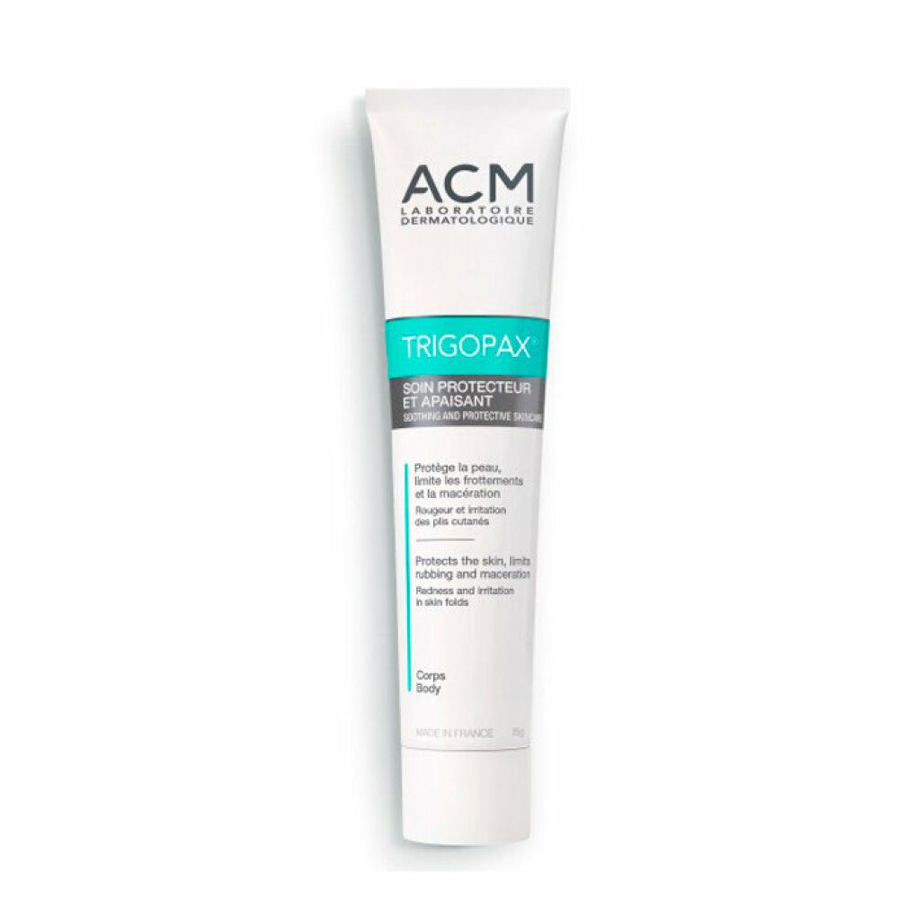 Creme-Tube. Weiß, mit grünen und schwarzen Schriftzügen. Aufschrift: Trigopax, soin protecteur et apaisant. Marke: ACM.