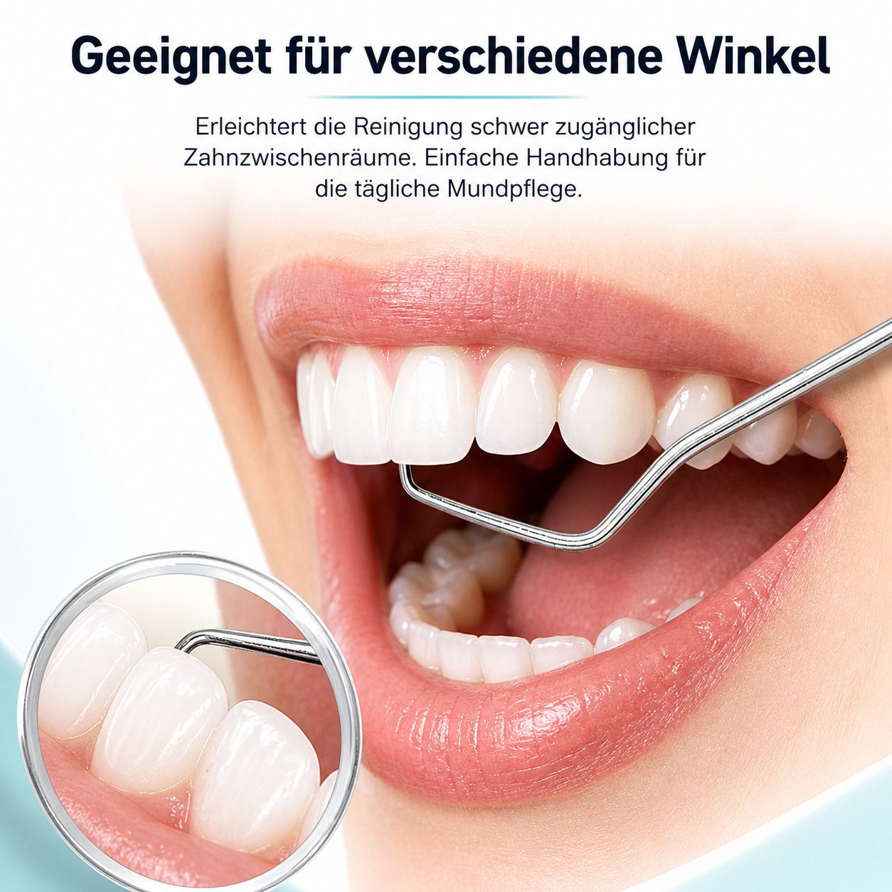 Nahaufnahme eines Mundes, der mit einem Zahnstocher gereinigt wird. Geeignet für verschiedene Winkel. Zahnzwischenräume werden gereinigt.