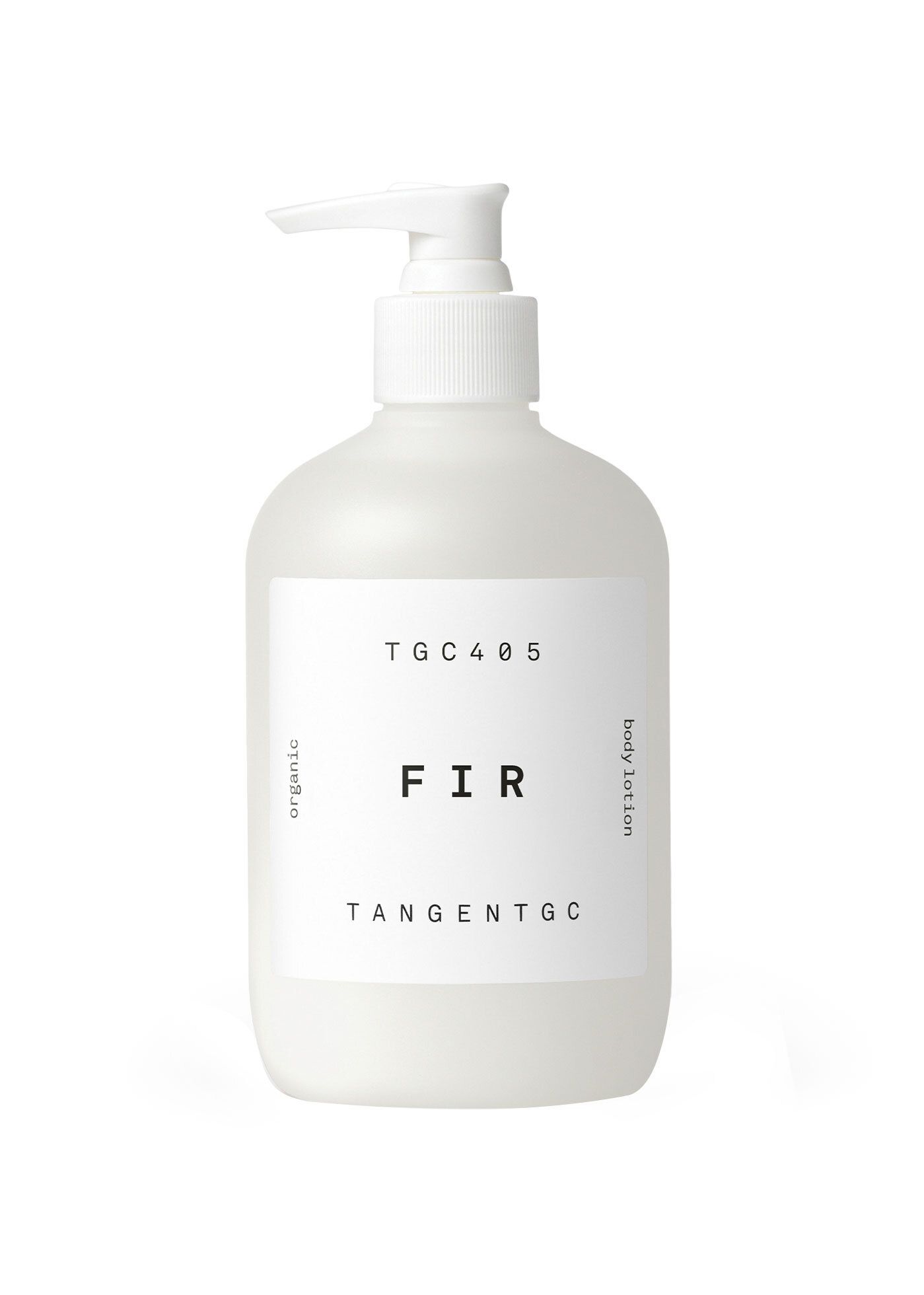 Weiße Flasche mit Pumpverschluss. Auf dem Etikett steht "FIR" und "TANGENT GC".