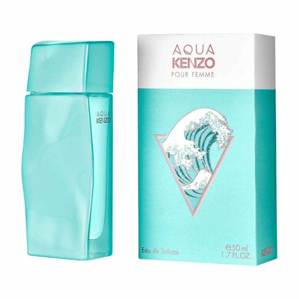 Türkisfarbener Flakon und Schachtel. Auf der Schachtel steht "AQUA KENZO POUR FEMME" und ein Wellen-Design. Flakon mit Deckel.