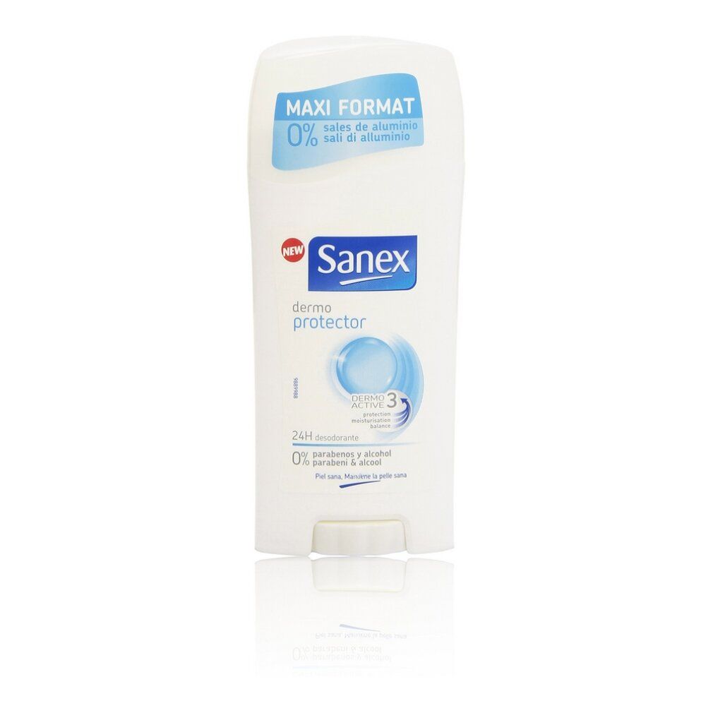 Sanex Dermo Protector Deodorant Stick. Weißer Stick mit blauem Logo und Schriftzug. Maxi-Format. 0% Aluminiumsalze.