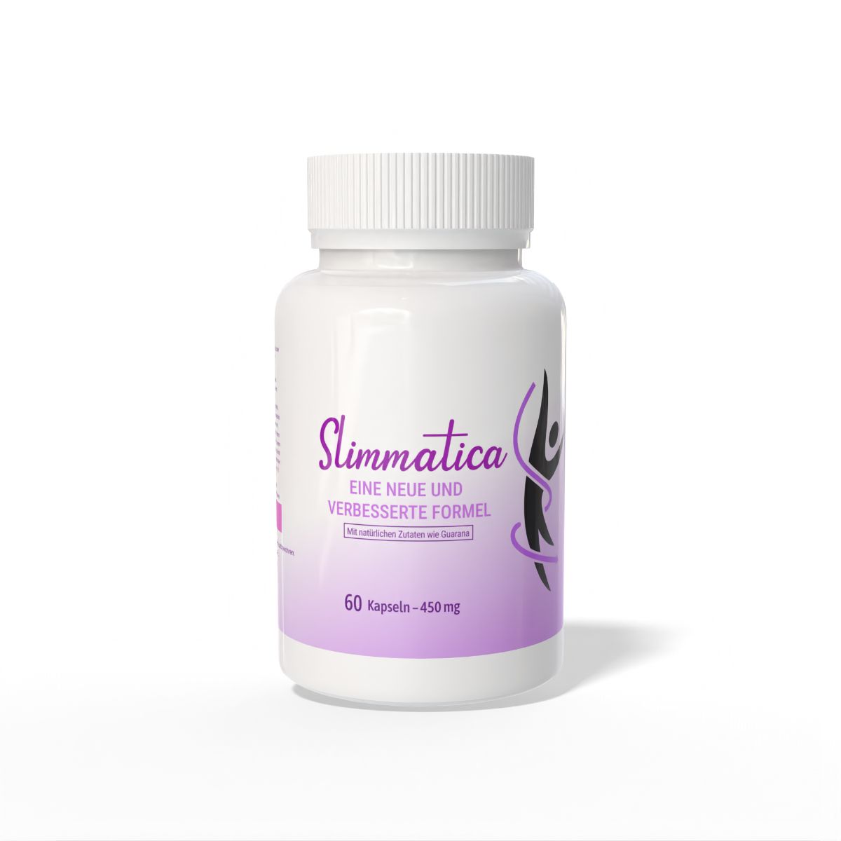 Weiße Pillendose mit lila Etikett. Aufschrift: Slimmatica, neue Formel. 60 Kapseln, 450 mg.