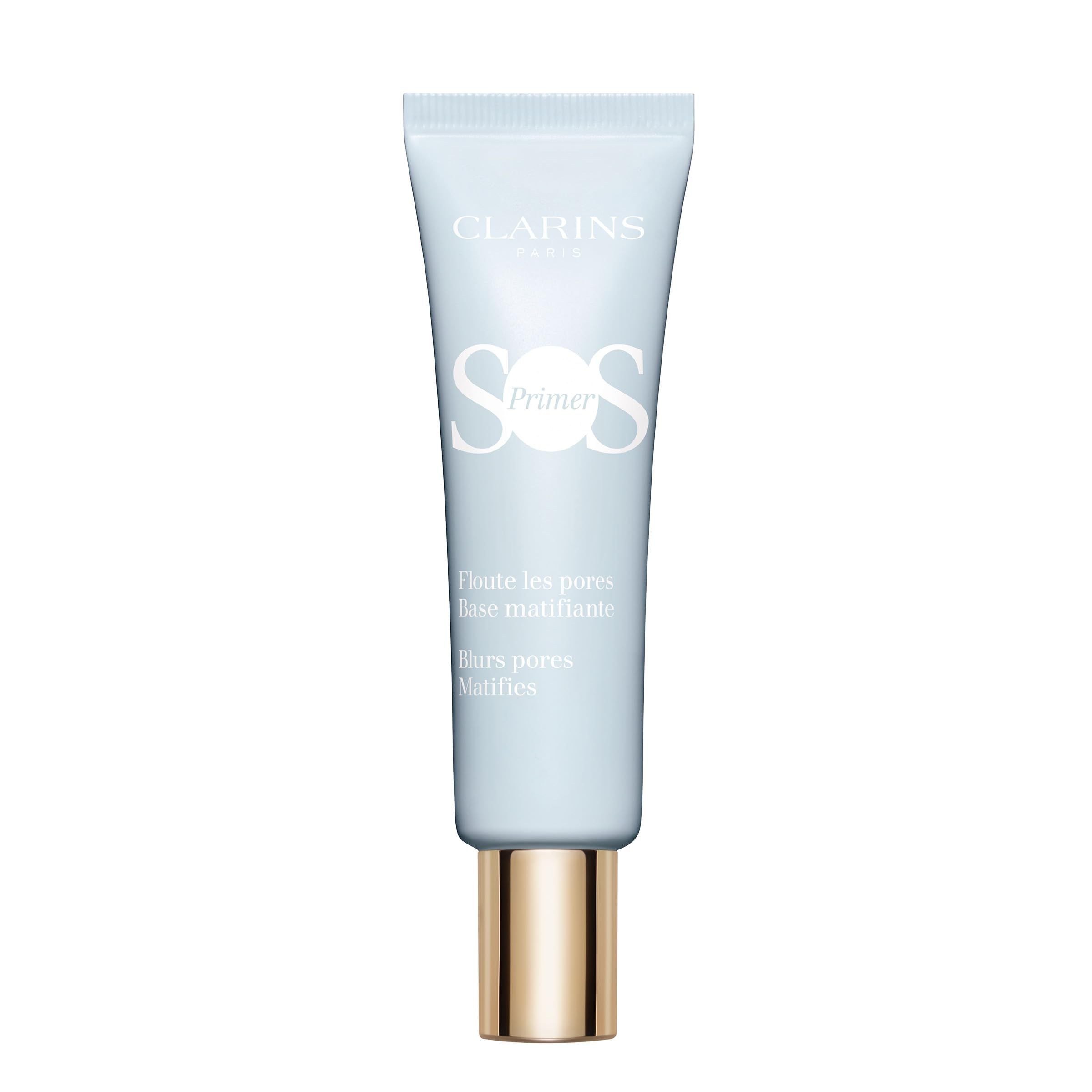 Hellblauer Clarins SOS Primer. Text: Floute les pores, base matifiante, blurs pores, mattifies.