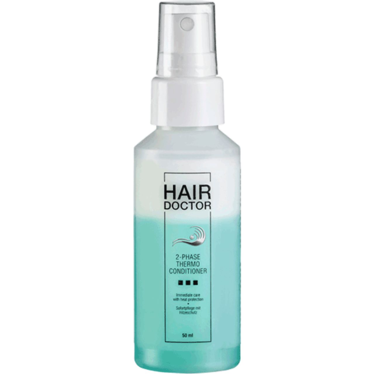 Flasche mit Sprühkopf. Beschriftung: Hair Doctor, 2-Phase Thermo Conditioner. Zweifarbige Flüssigkeit.