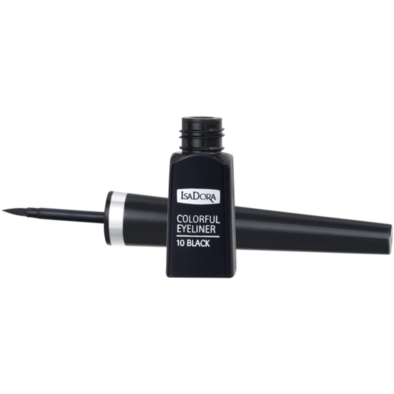 Schwarzer IsaDora Colorful Eyeliner. Flasche und Applikator liegen daneben. Produktname und Farbton auf der Flasche.