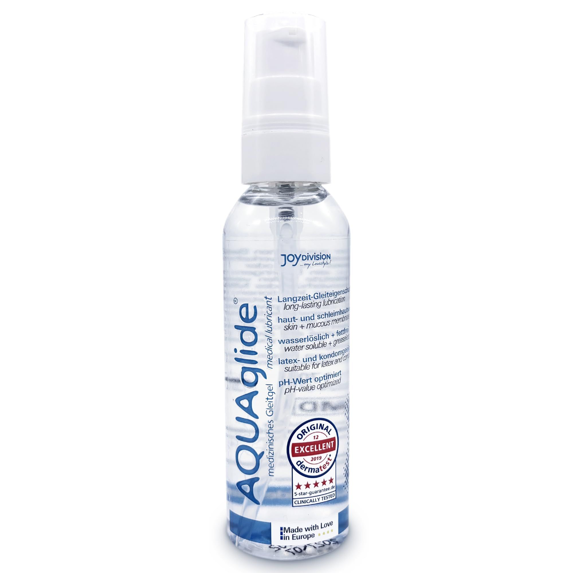 AquaGlide Gleitgel in klarer Flasche mit Pumpspender. Dermatologisch getestet.
