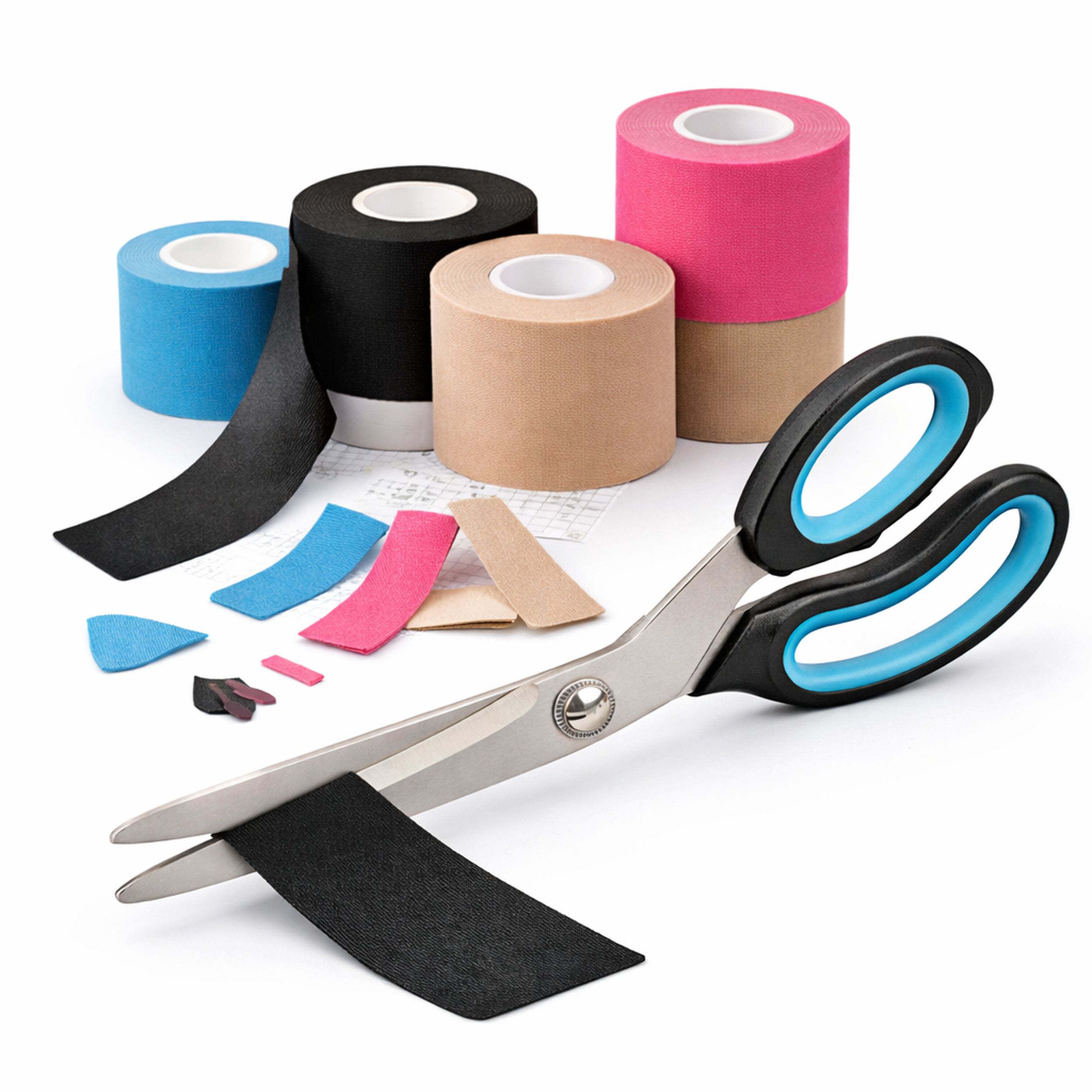 Schere schneidet schwarzes Tape. Mehrere Tapes in verschiedenen Farben. Weißer Hintergrund.