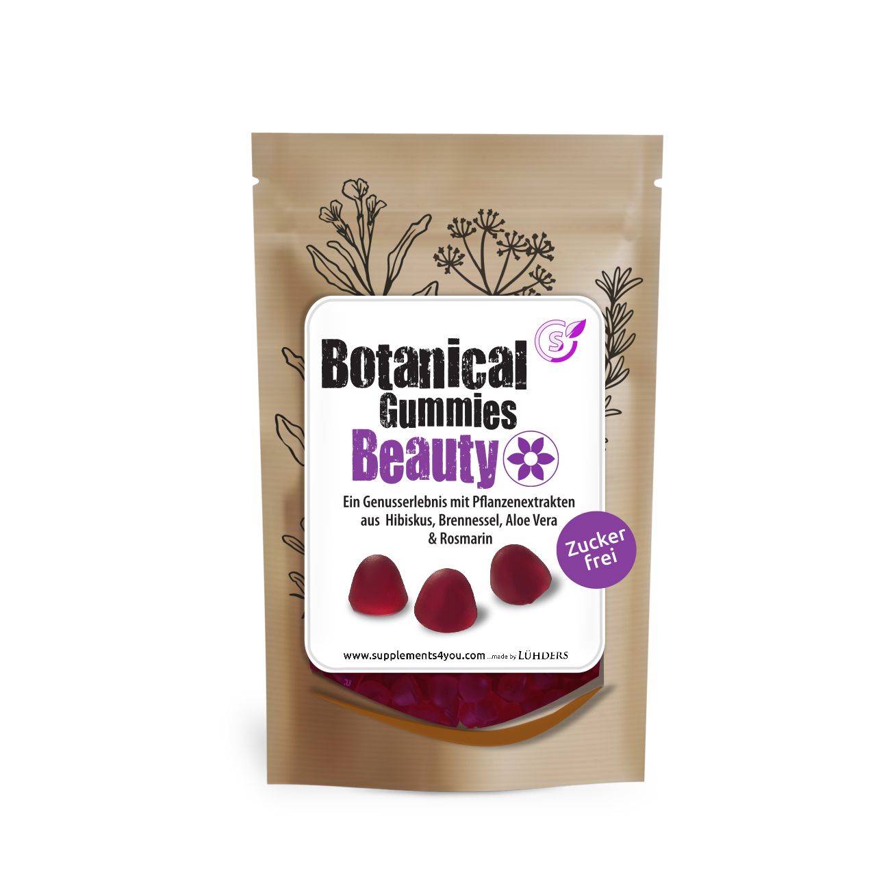 Beutel mit Botanical Gummies Beauty. Aufkleber mit Produktinformationen und drei Gummibärchen. "Zuckerfrei"-Label.