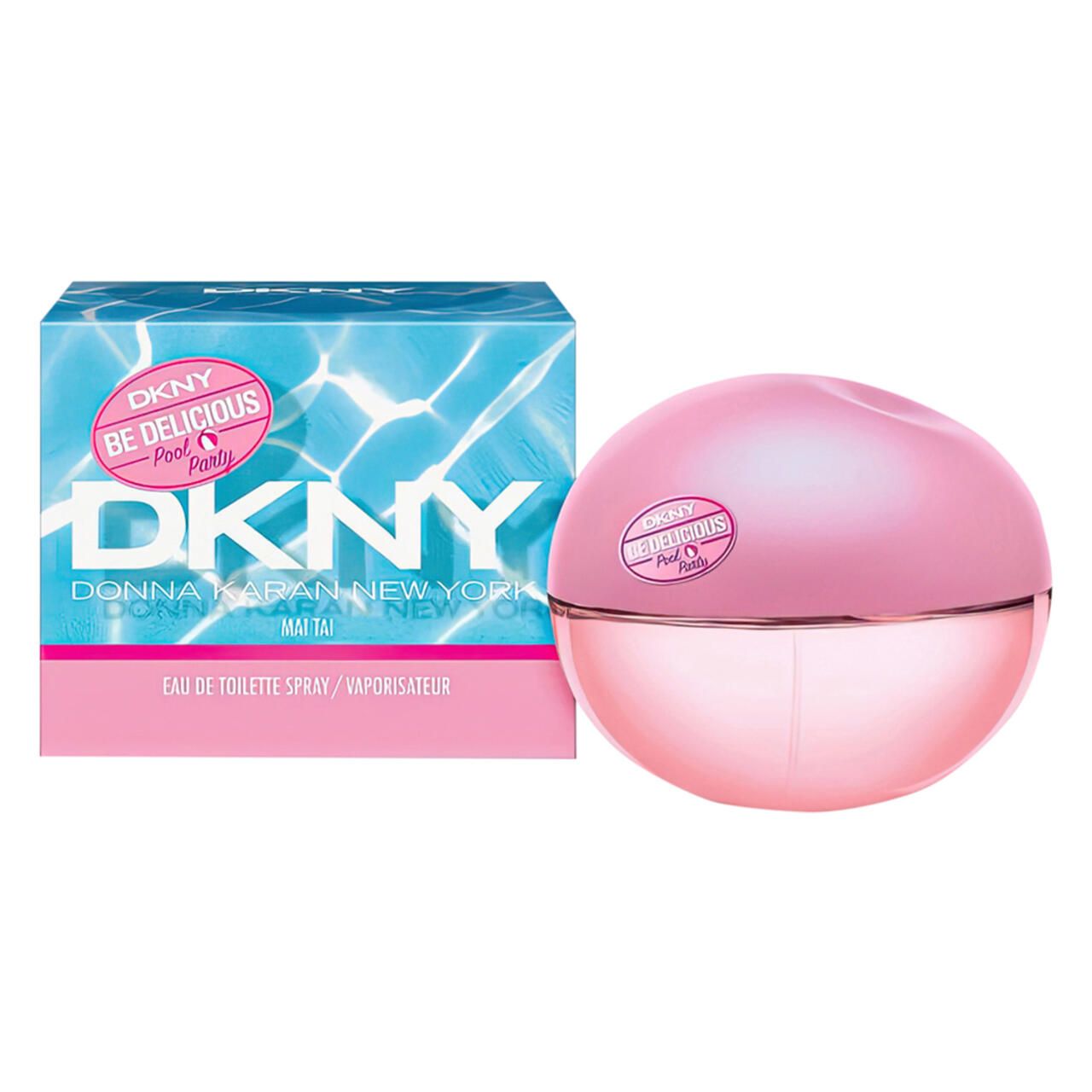 DKNY Be Delicious Mai Tai EdT Nat. Spray. Rosa Flakon, rosa Deckel, neben blauer Verpackung. Aufschrift: DKNY, Be Delicious Pool Party.
