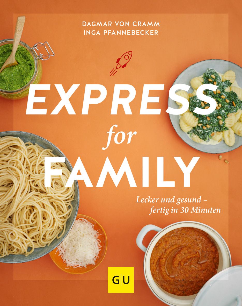 Buchcover mit dem Titel "EXPRESS for FAMILY". Auf orangefarbenem Hintergrund sind Speisen und Zutaten abgebildet. GU-Logo.