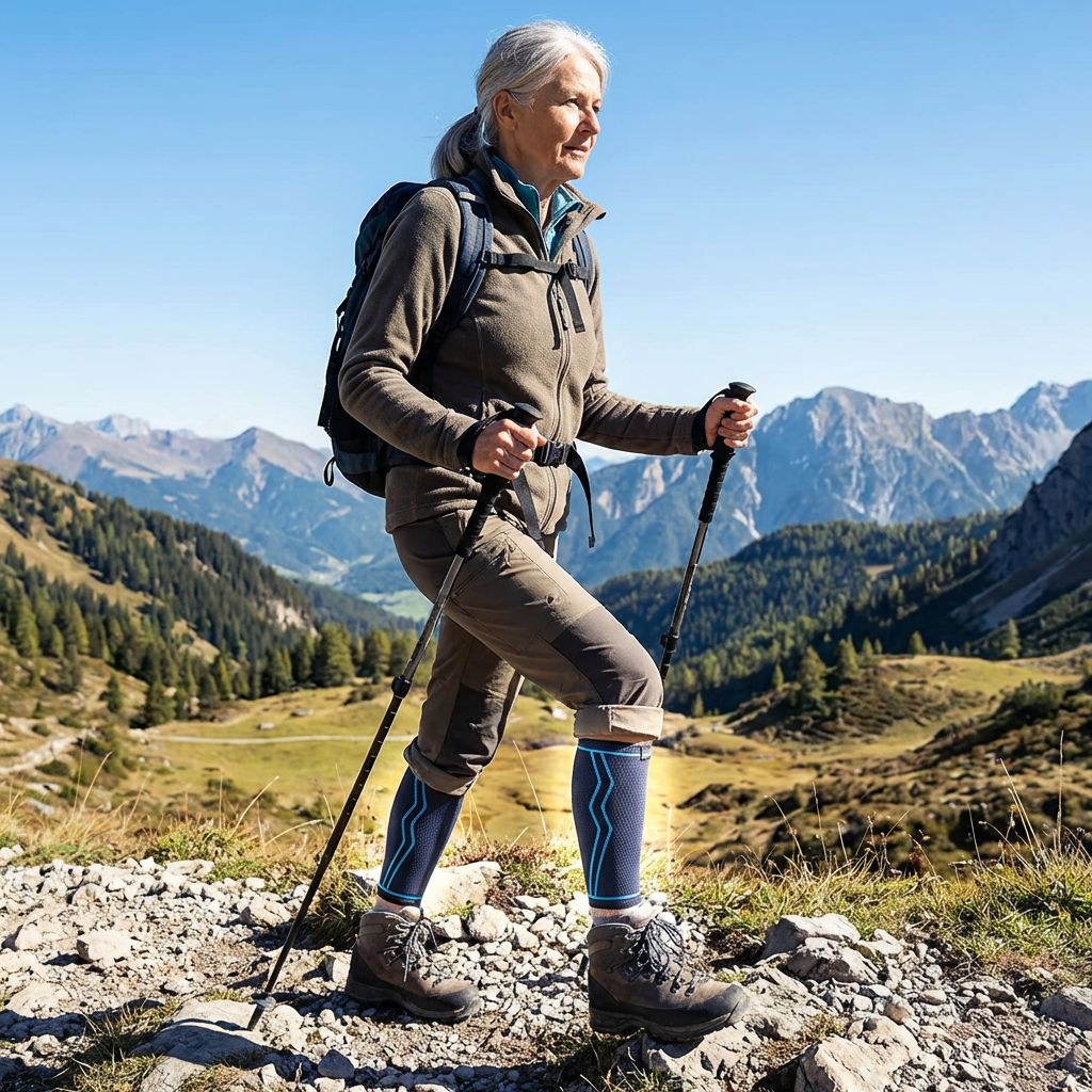 Ältere Frau wandert mit Stöcken. Blaue Wadenbandagen. Berge im Hintergrund.