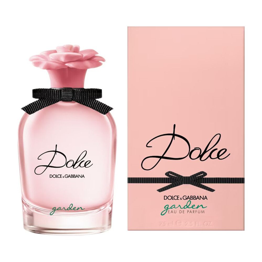 Rosa Parfümflakon mit Blütenkappe und schwarzer Schleife. Aufschrift "Dolce" und "Dolce & Gabbana". Rosa Verpackung mit Text und Schleife.