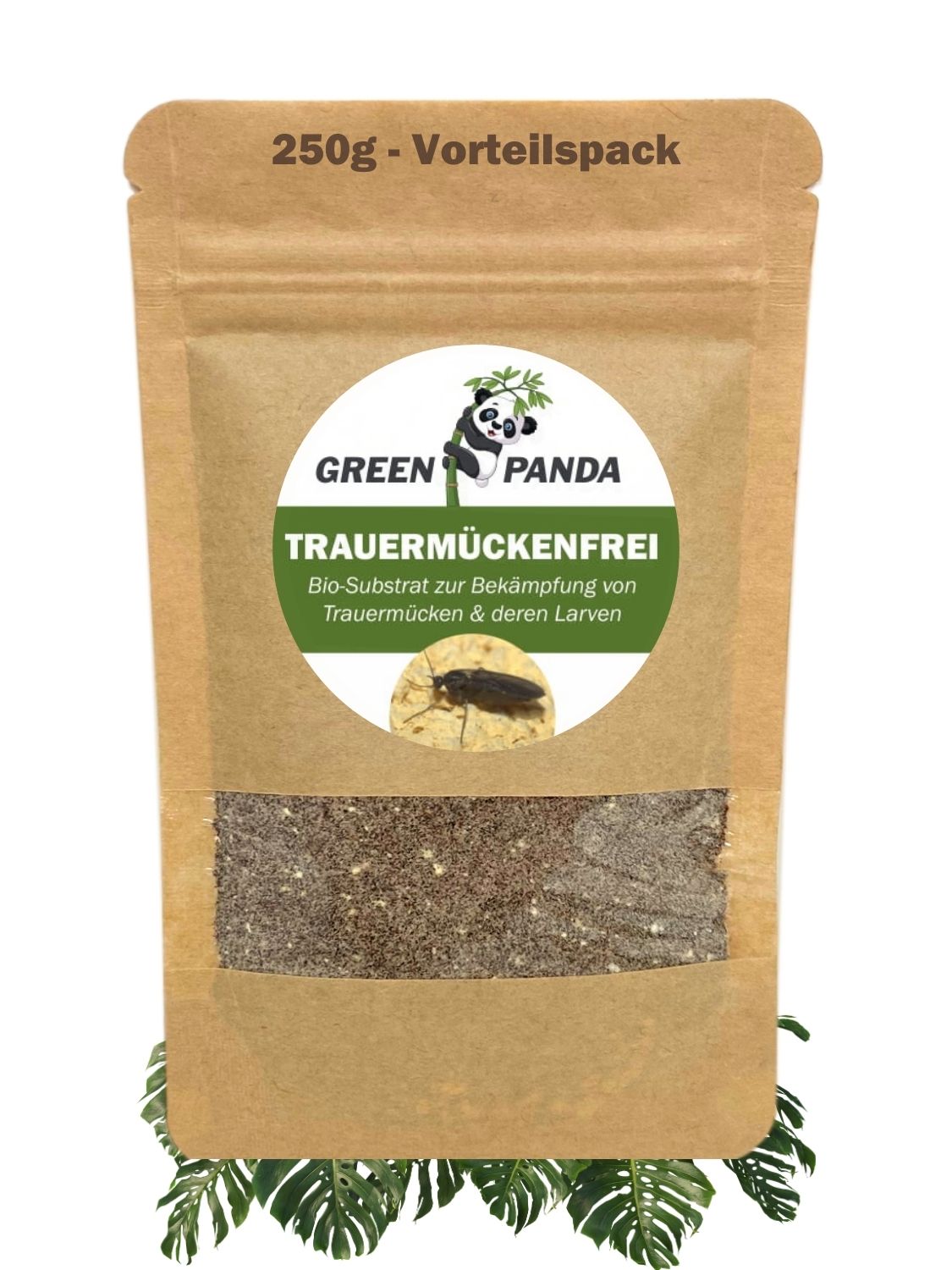 Beutel mit GreenPanda Trauermücken-Frei. Aufschrift: 250g-Vorteilspack. Logo: Panda. Produktname: Trauermückenfrei. Text: Bio-Substrat zur Bekämpfung von Trauermücken & deren Larven.