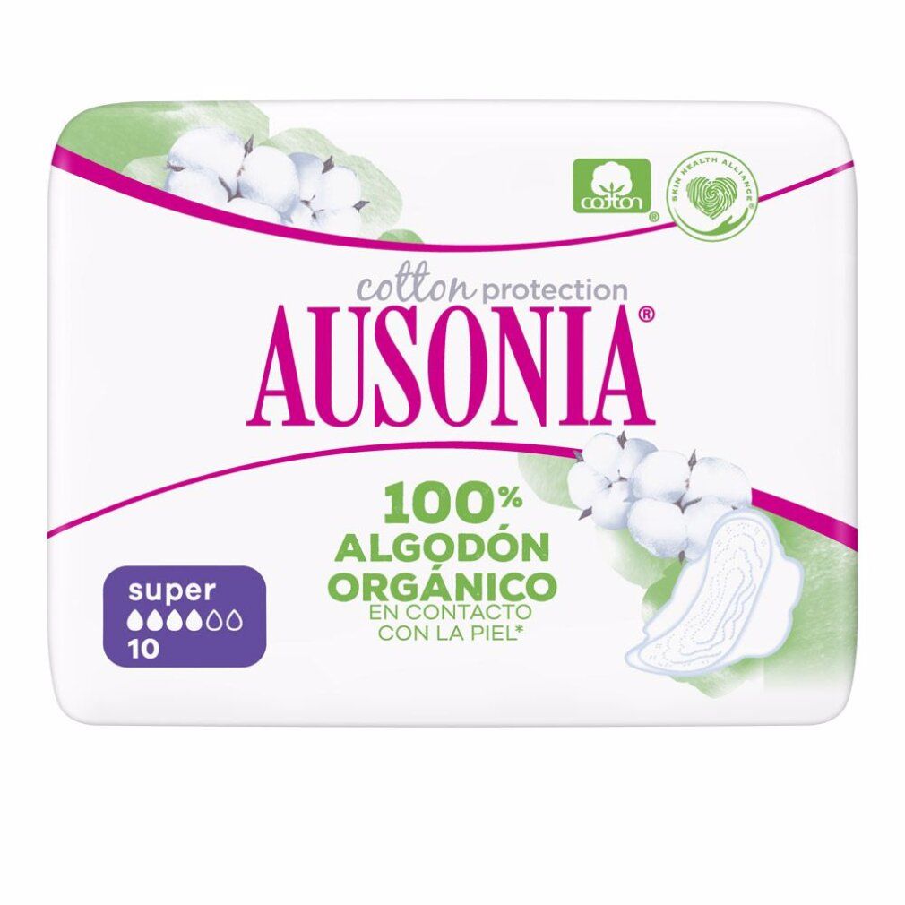 Verpackung von Ausonia Super Organic Slipeinlagen. Weiß mit rosa Akzenten, Baumwoll-Logo und Produktinformationen. 10 Einheiten.