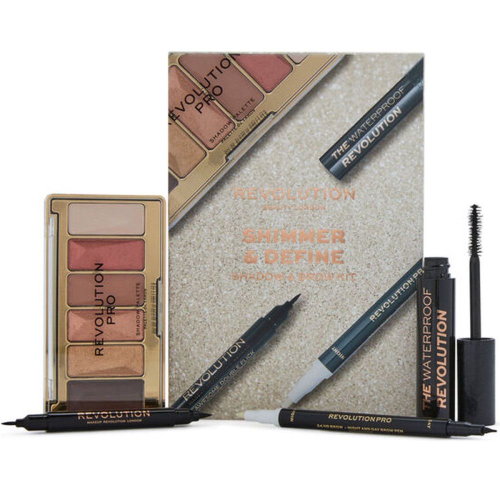 Makeup Revolution Shimmer & Define Set mit Lidschattenpalette, Mascara und Eyeliner.