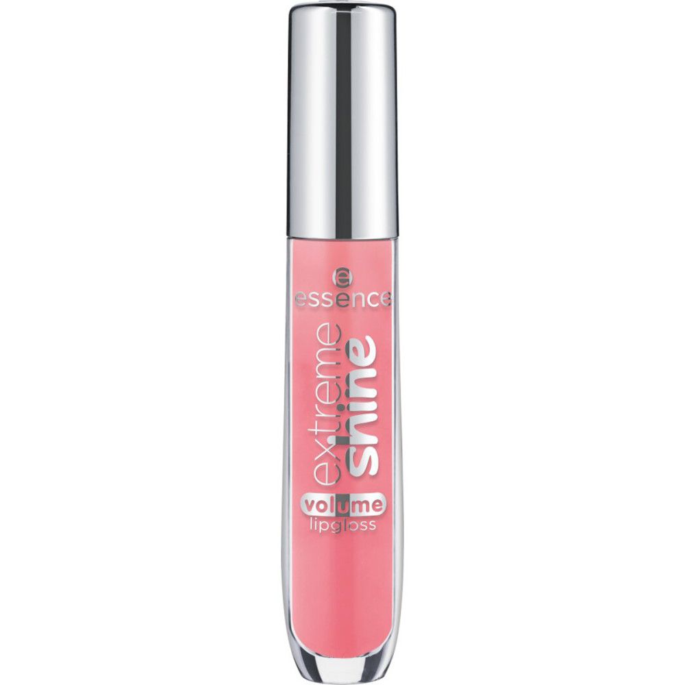 Geschlossene Lipgloss-Tube mit rosa Inhalt. Silberner Deckel, transparente Tube mit Schriftzug. Marke: Essence.
