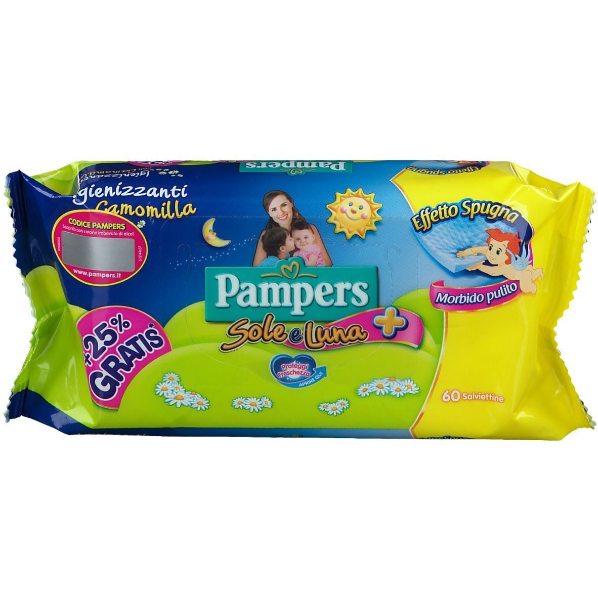 Salviettine Pampers Sole e Luna. Confezione giallo-verde. Testo: '25% gratis'. Immagine: madre e bambino. 'Effetto Spugna'. 60 salviette.