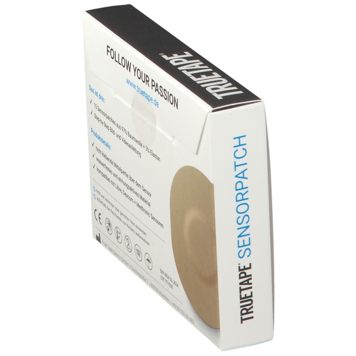 Schräg stehende Verpackung von TRUETAPE® SENSORPATCH. Produktname, Inhaltsstoffe, CE-Kennzeichnung.