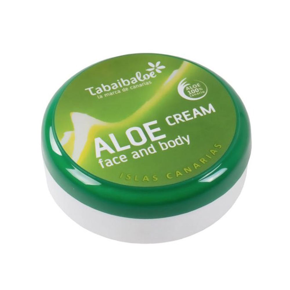 Runde Dose mit grünem Deckel und weißem Boden. Aufschrift: Aloe Cream, face and body, Islas Canarias. Marke: Tabaibaloe.