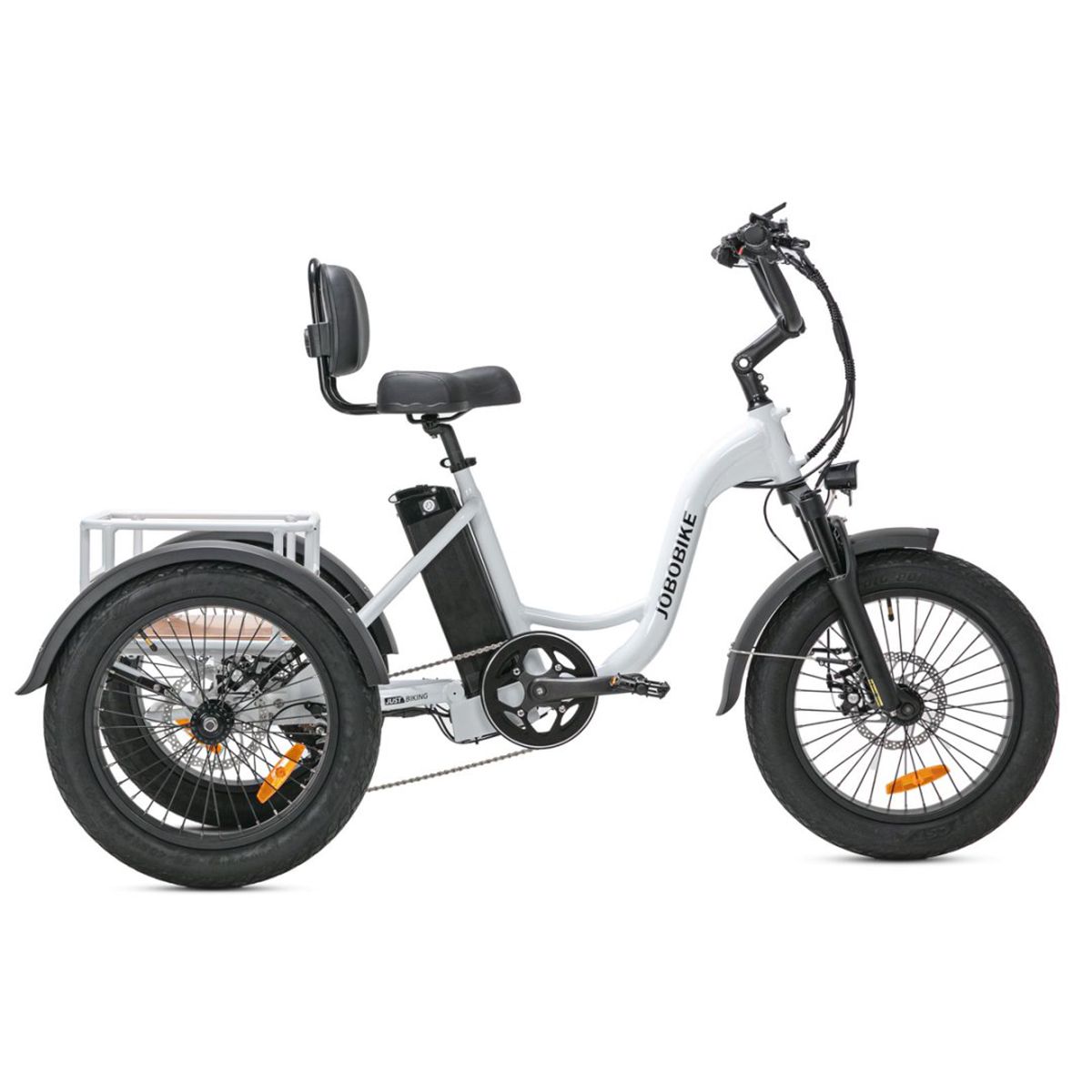 Graues Elektro-Dreirad mit schwarzem Sitz, Reifen und Korb. JOBOBIKE-Logo sichtbar.