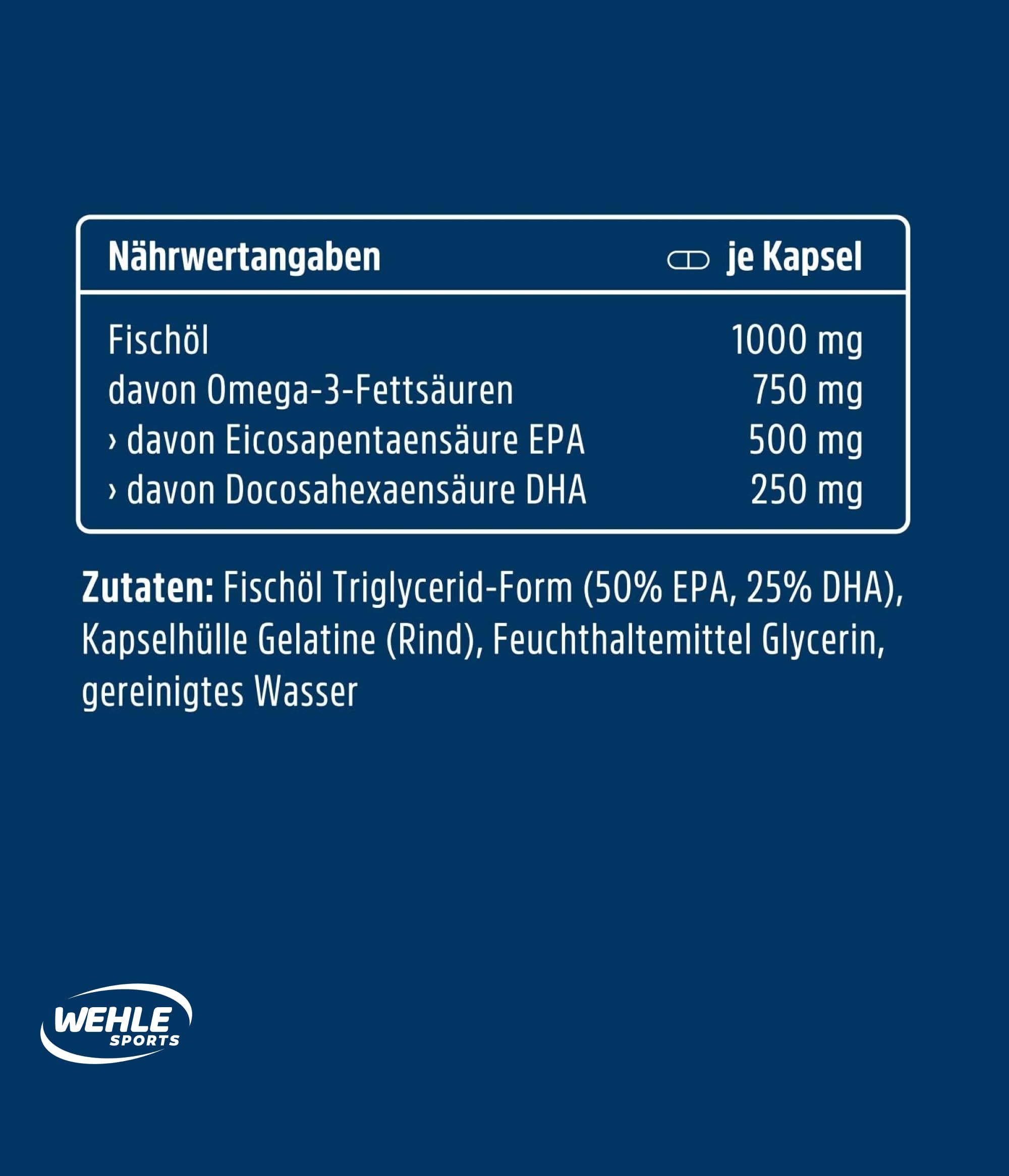 Nährwertangaben pro Kapsel: Fischöl, Omega-3-Fettsäuren, EPA, DHA. Zutaten: Fischöl, Gelatine, Glycerin, Wasser.