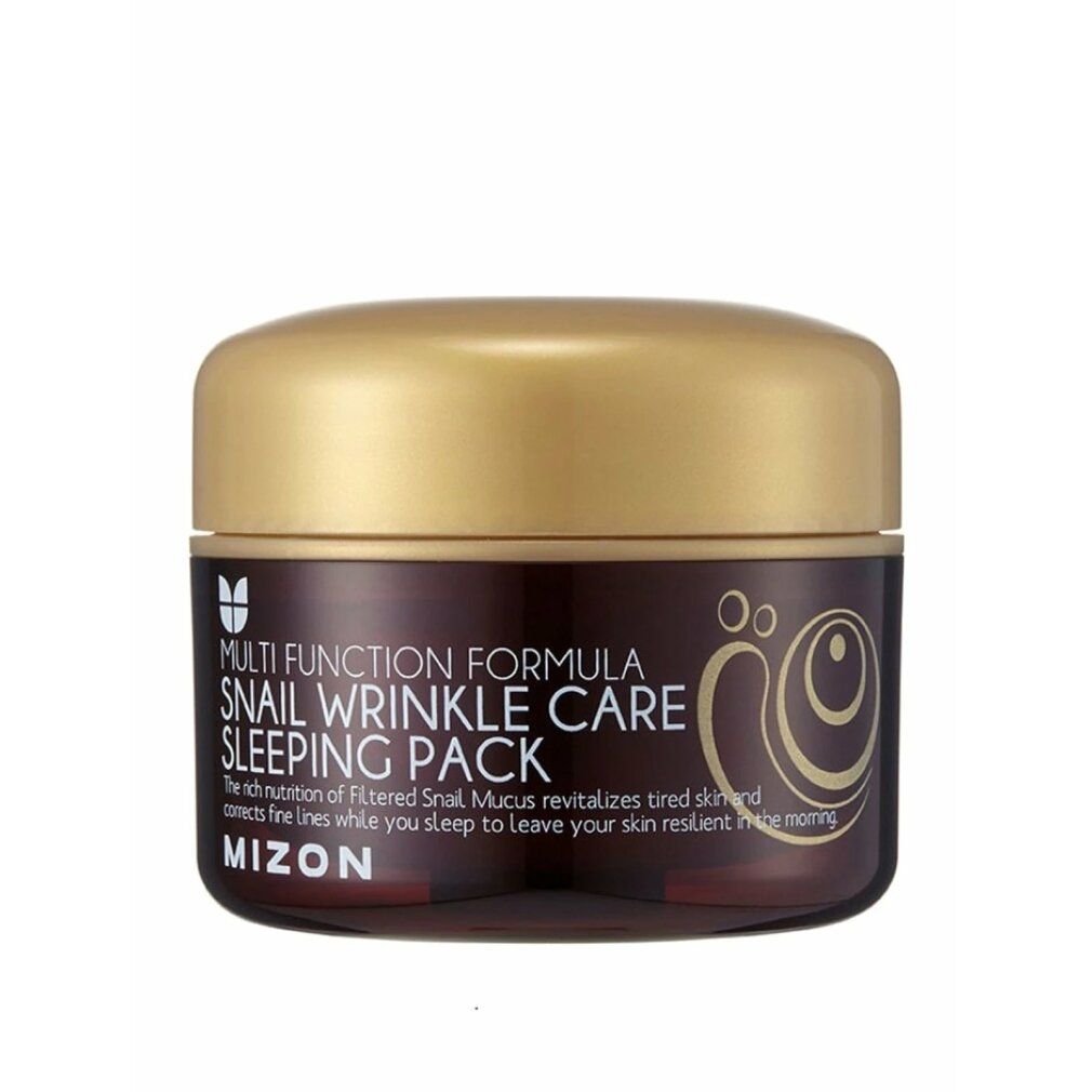 Braune Dose mit goldenem Deckel. Aufschrift: Multi Function Formula, Snail Wrinkle Care Sleeping Pack, Mizon.