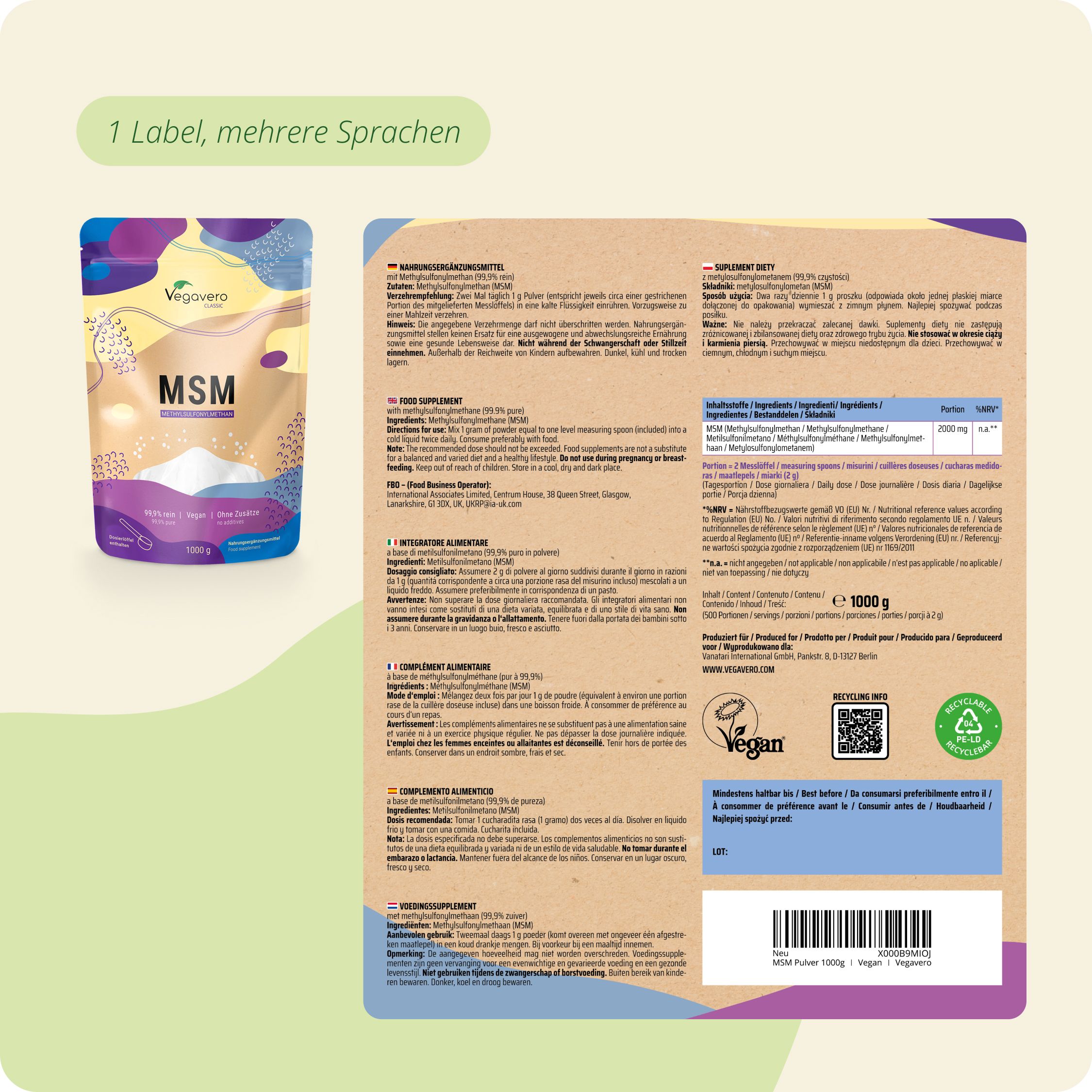 Produktverpackung mit Informationen in mehreren Sprachen. Rückseite mit Inhaltsstoffen und Nährwertangaben. Vegan-Siegel.