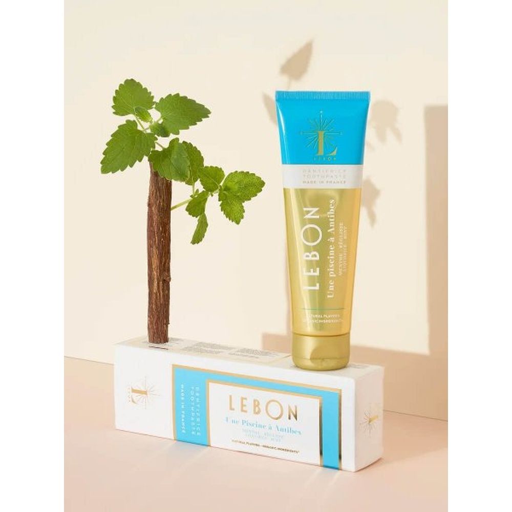 Zahnpasta-Tube auf einer Schachtel, daneben ein Zweig. Auf der Tube: LEBON, "Une piscine à Antibes", "Liquorice Mint".