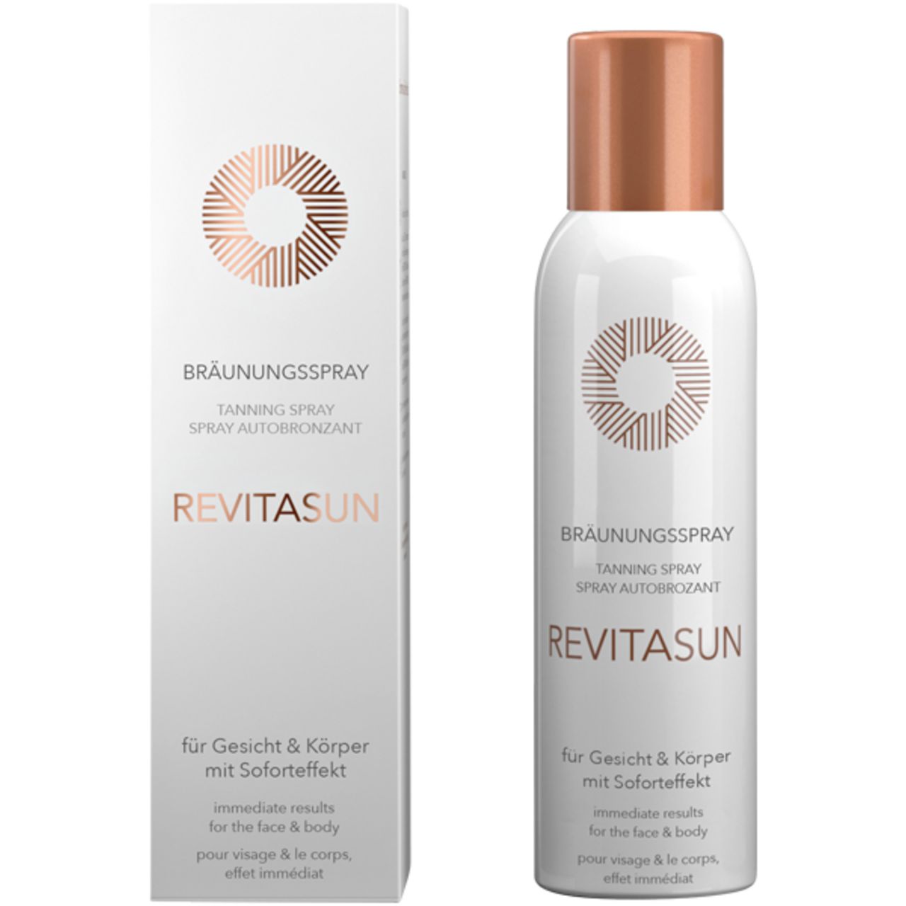 Weißes RevitaSun Bräunungsspray mit kupferfarbenem Deckel und Verpackung. Text: Bräunungsspray, für Gesicht & Körper, Soforteffekt.