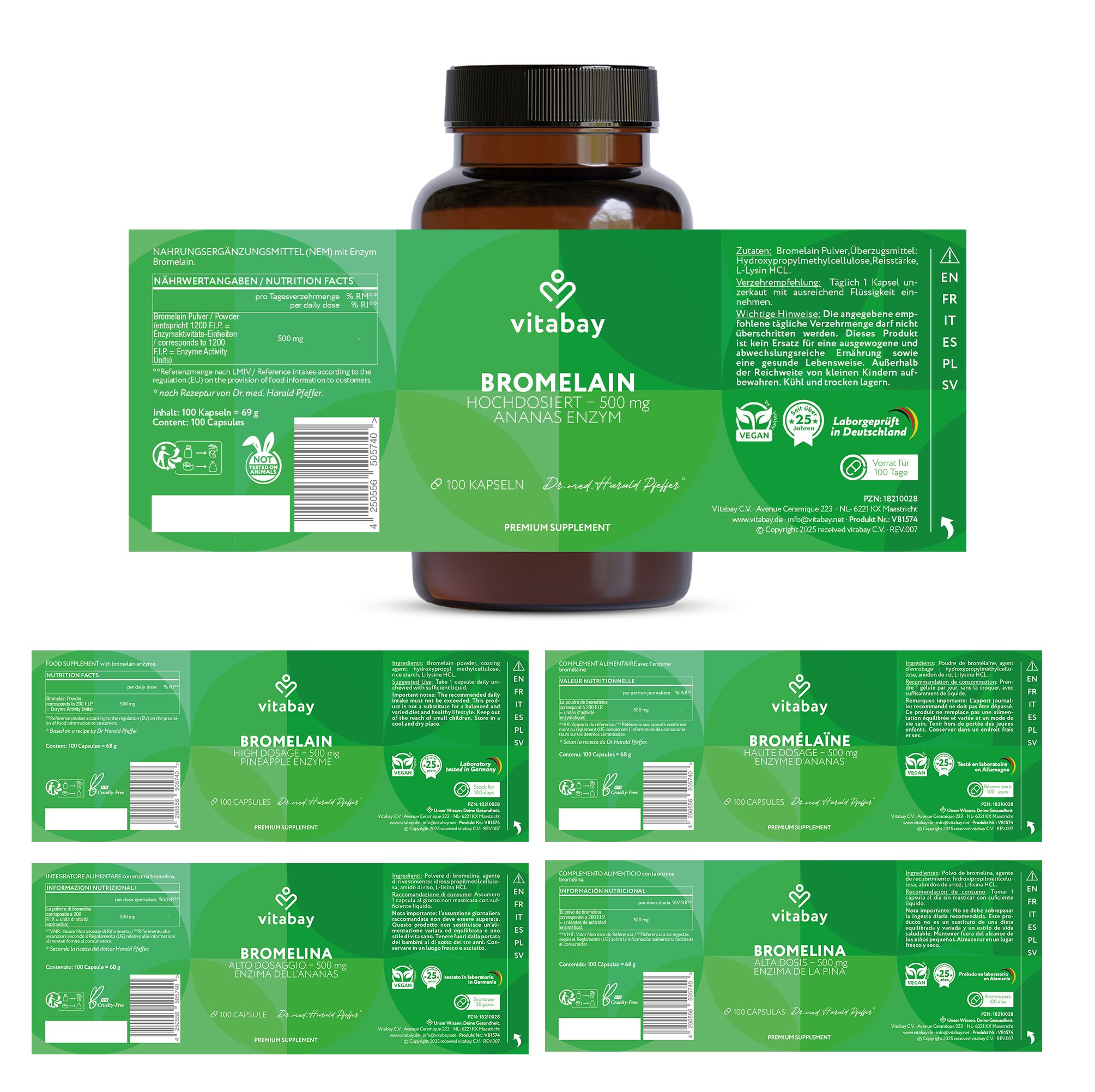 Braune Flasche mit grüner Etikett: Bromelain 500mg, 100 Kapseln. Mehrere Etiketten mit Informationen.