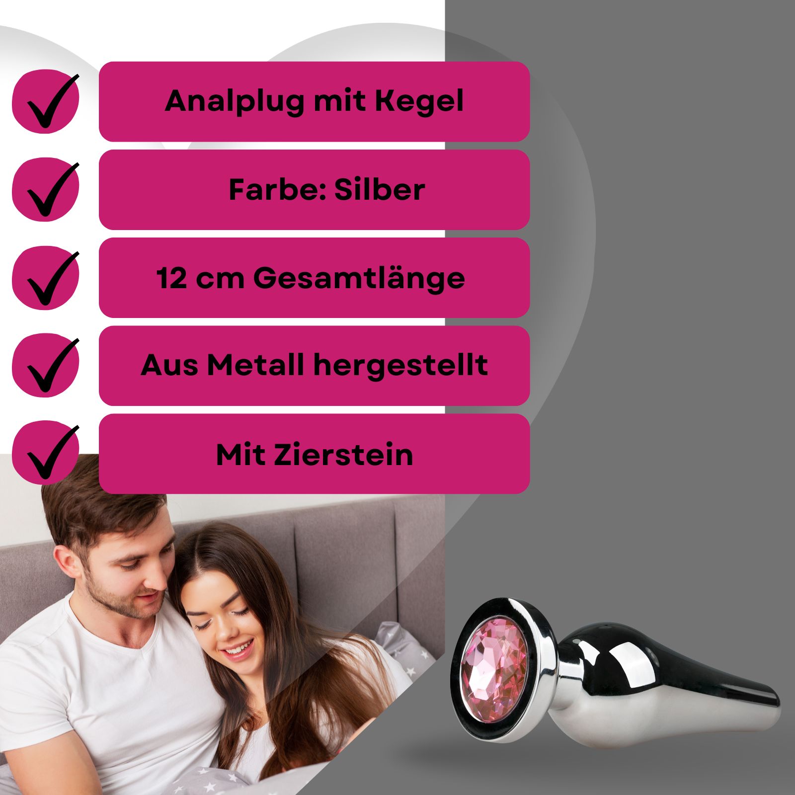 Bild mit Text: Analplug mit Kegel, Farbe Silber, 12 cm Gesamtlänge, aus Metall, mit Zierstein.