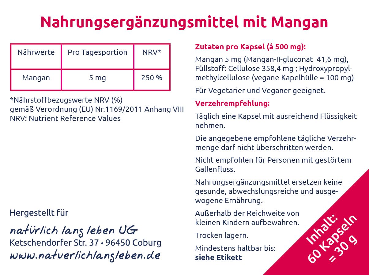 natürlich lang leben Mangan 5 mg 30 g Kapseln