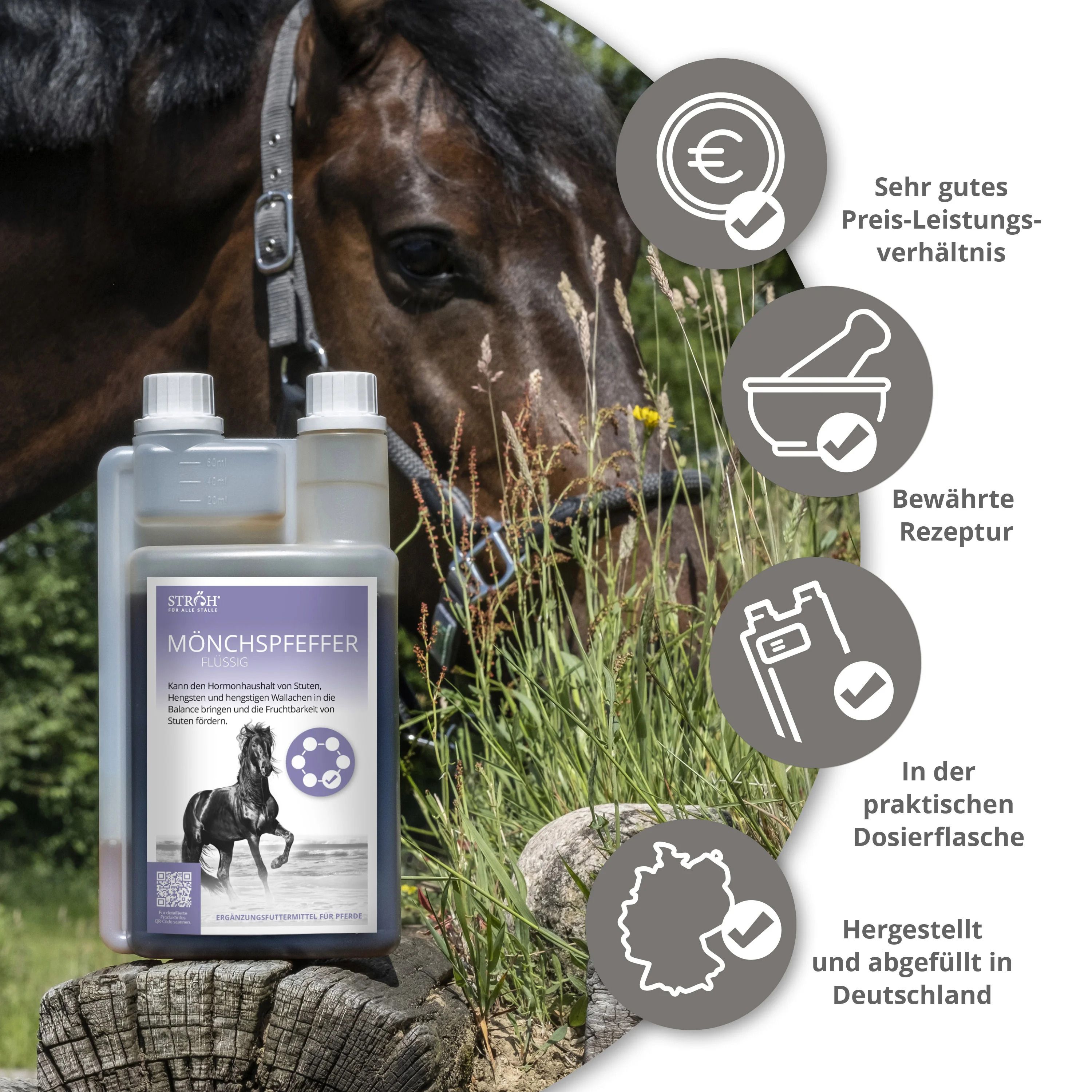 Produktflasche STRÖH Mönchspfeffer flüssig, Pferd im Hintergrund. Text und Icons. Hergestellt in Deutschland.