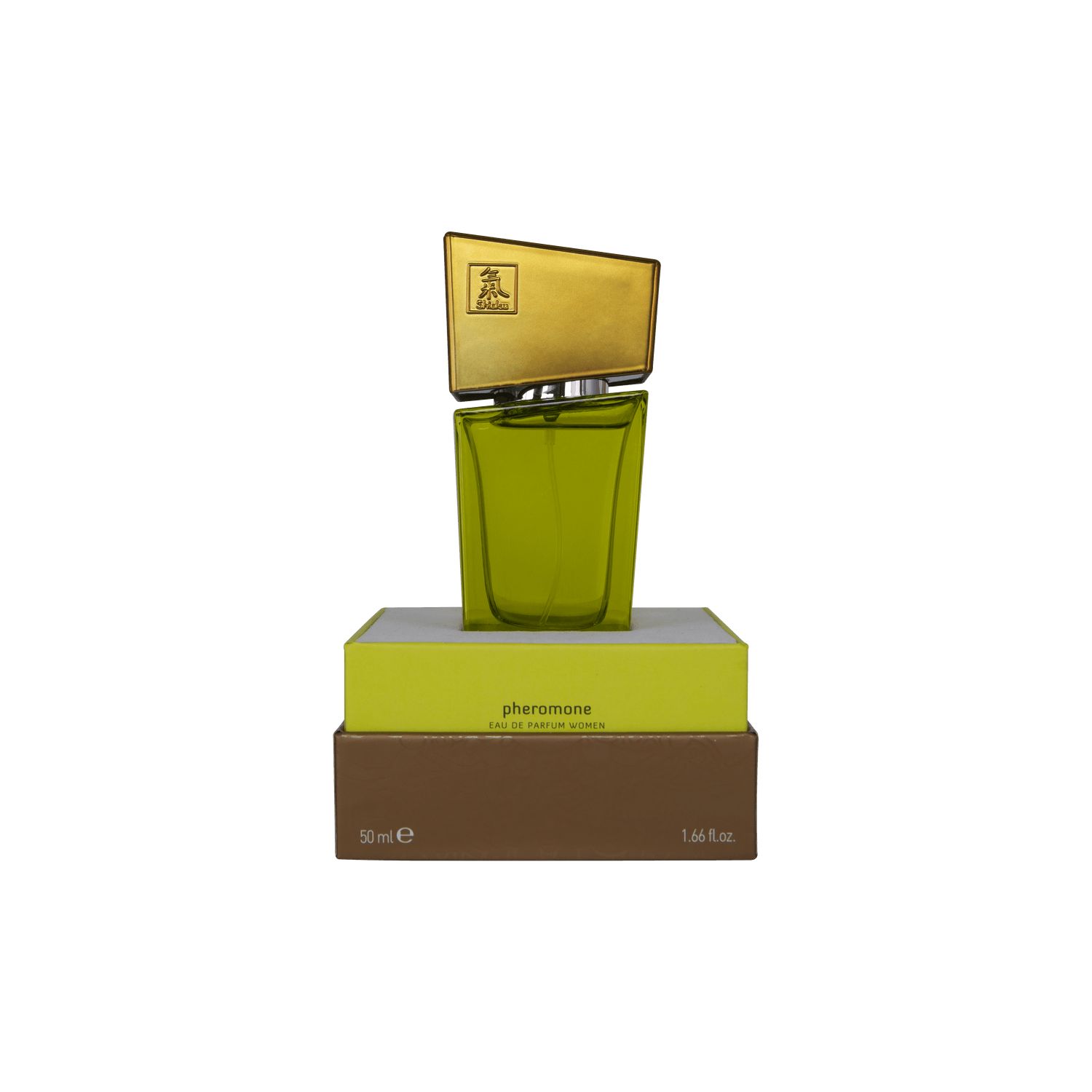 Flacon de parfum vert avec bouchon doré, sur boîte. Inscription "pheromone" sur la boîte.