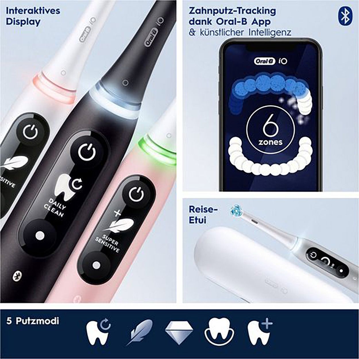 Drei Oral-B iO 6 Zahnbürsten in verschiedenen Farben und eine Smartphone-App-Ansicht.